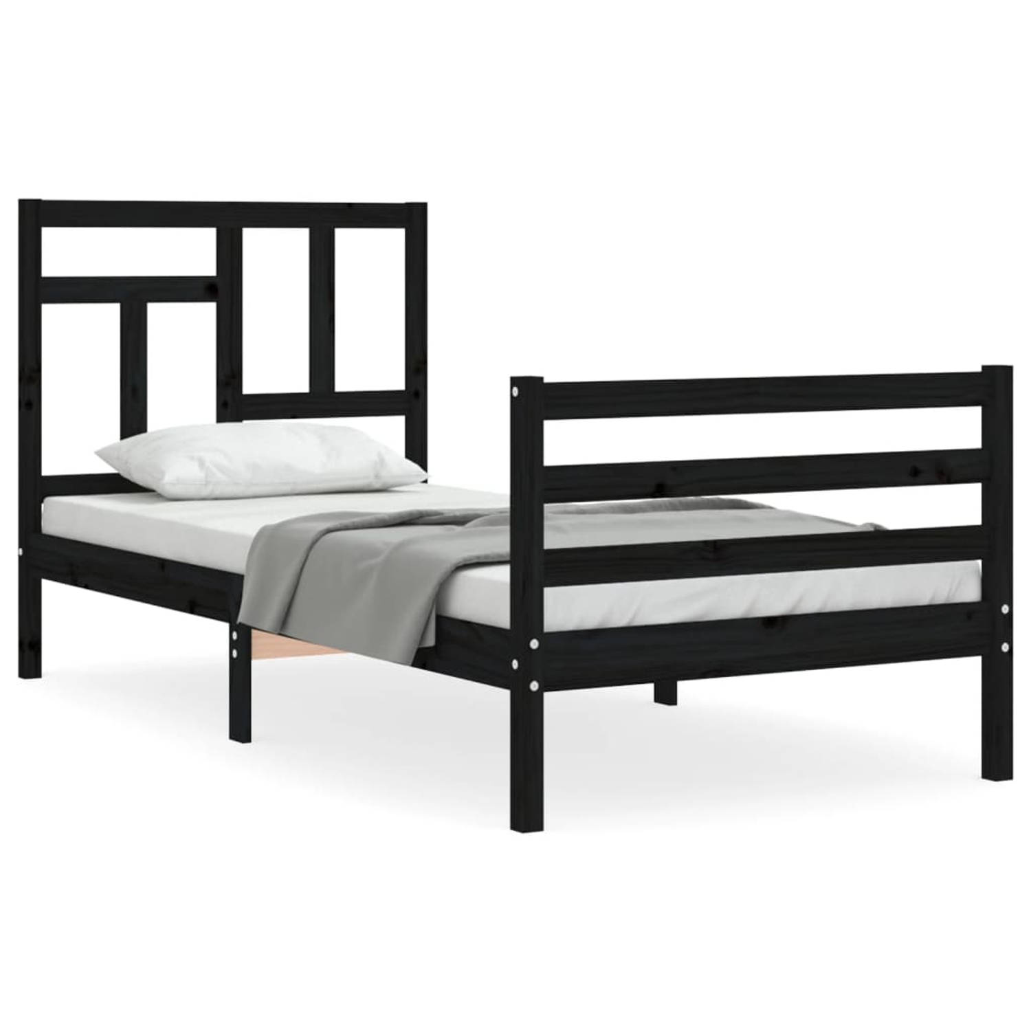 The Living Store Bedframe met hoofdbord massief hout zwart 90x200 cm - Bedframe - Bedframes - Bed - Eenpersoonsbed - Slaapkamermeubel - Houten Bedframe - Houten Bed - Bedbodem - Ma