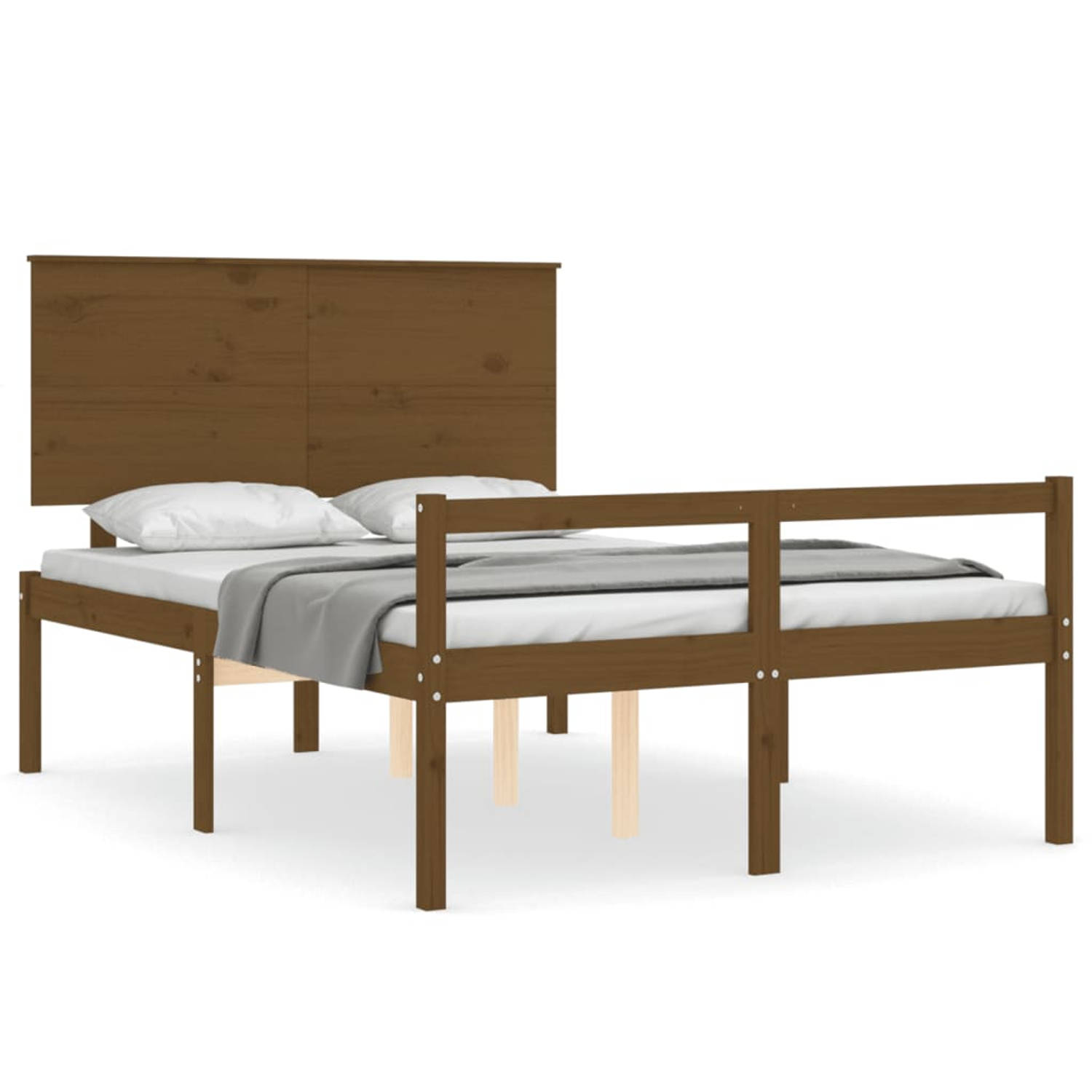 The Living Store Bedframe met hoofdbord massief hout honingbruin 140x190 cm - Bedframe - Bedframes - Bed - Tweepersoonsbed - Slaapkamermeubel - Houten Bedframe - Houten Bed - Bedbo