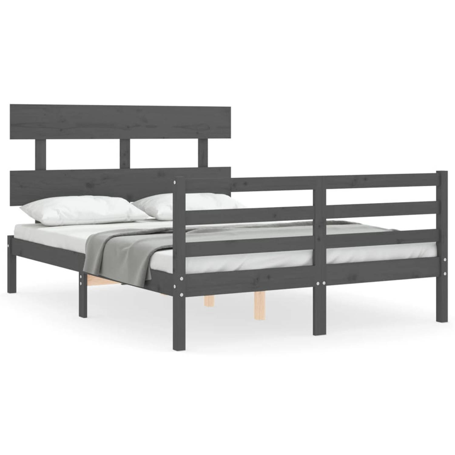 The Living Store Bedframe met hoofdbord massief hout grijs 140x200 cm - Bedframe - Bedframes - Bed - Tweepersoonsbed - Slaapkamermeubel - Houten Bedframe - Houten Bed - Bedbodem -