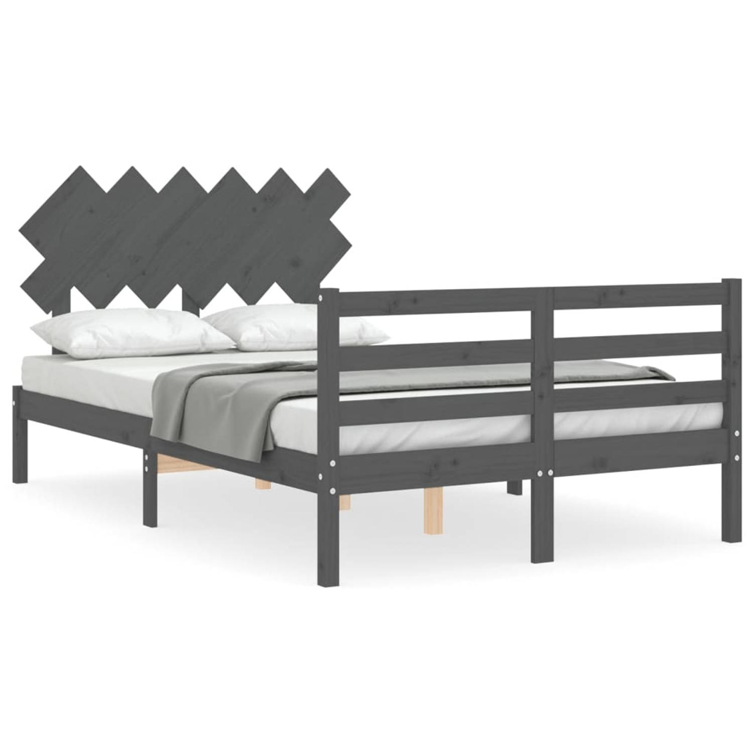 The Living Store Bedframe met hoofdbord massief hout grijs 4FT Small Double - Bedframe - Bedframes - Bed - Tweepersoonsbed - Slaapkamermeubel - Houten Bedframe - Houten Bed - Bedbo