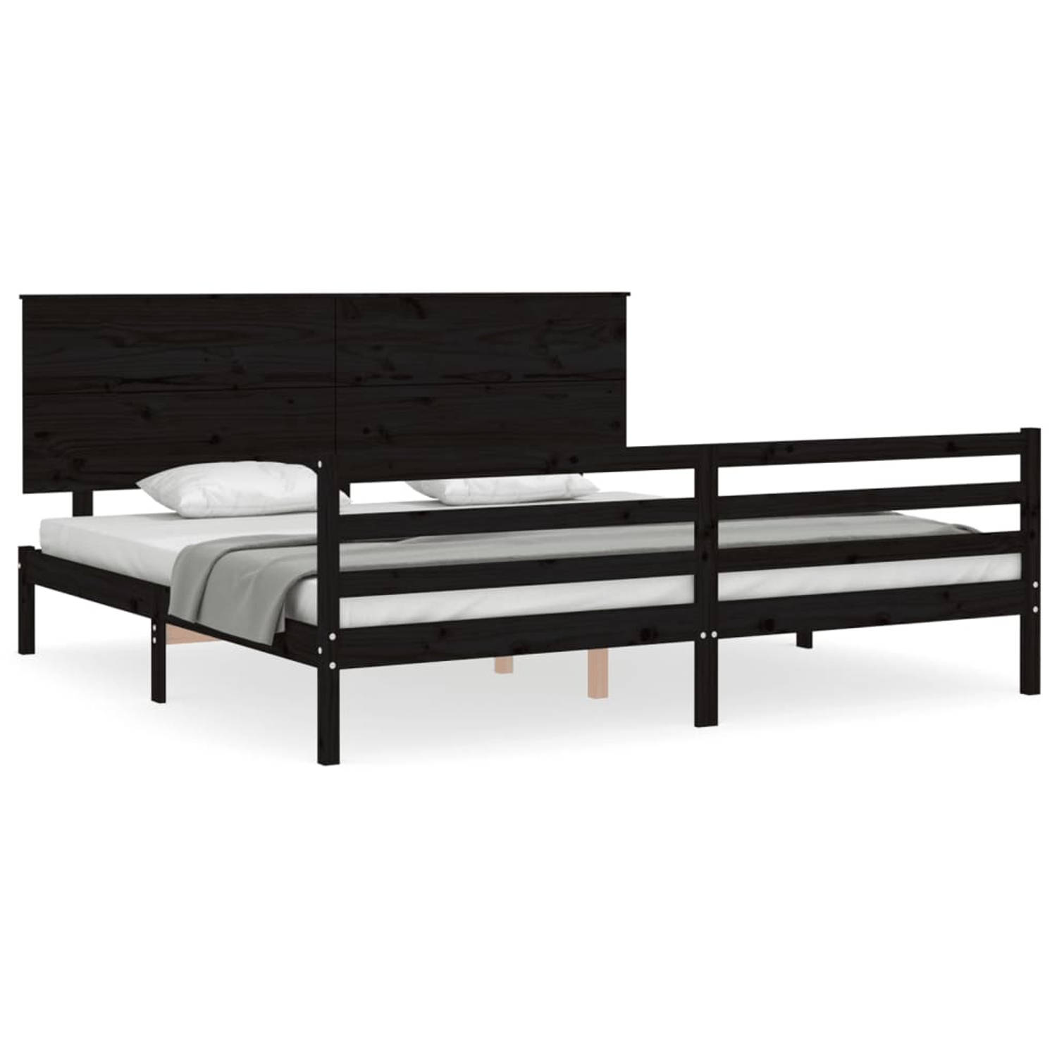 The Living Store Bedframe met hoofdbord massief hout zwart 200x200 cm - Bedframe - Bedframes - Bed - Tweepersoonsbed - Slaapkamermeubel - Houten Bedframe - Houten Bed - Bedbodem -