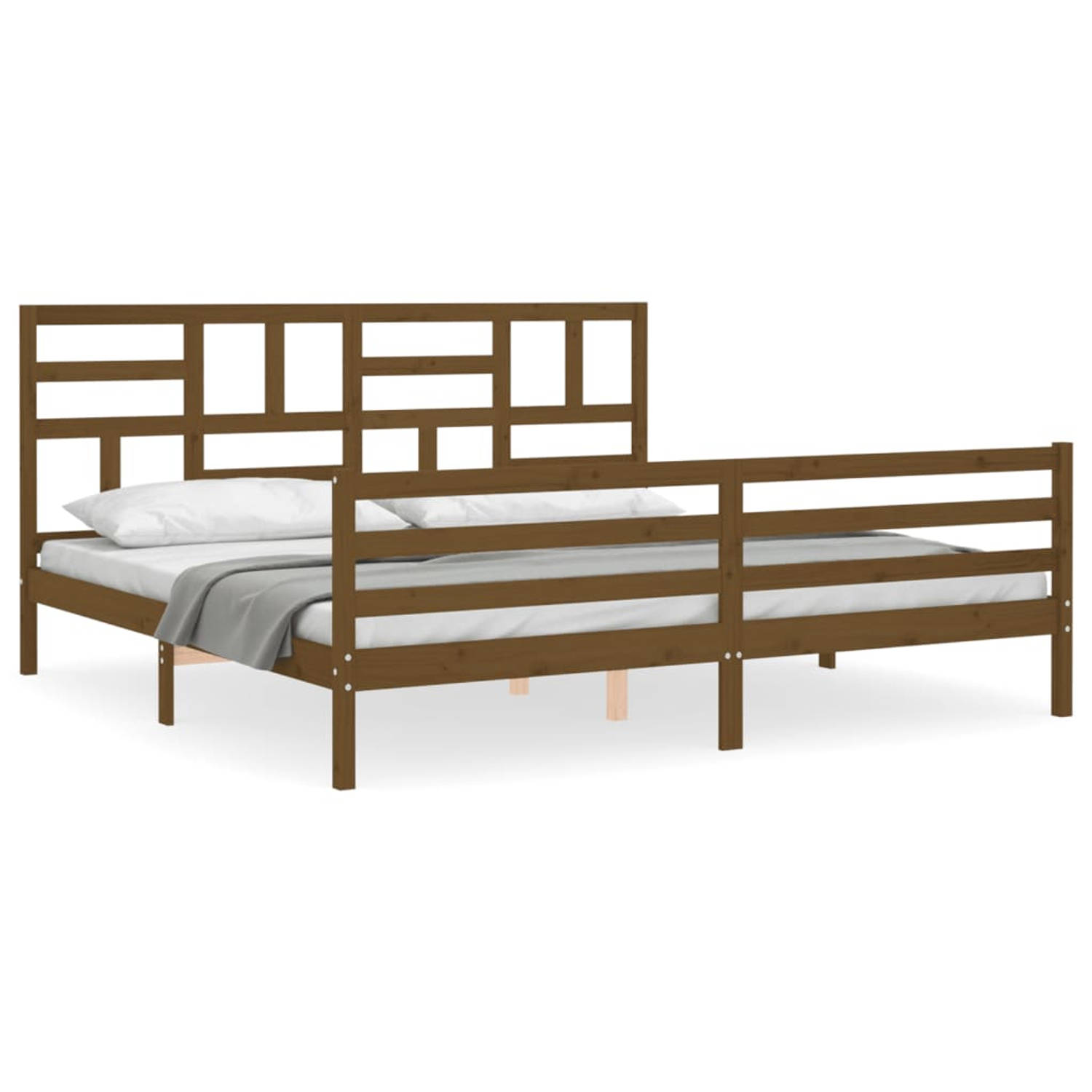 The Living Store Bedframe met hoofdbord massief hout honingbruin 200x200 cm - Bedframe - Bedframes - Bed - Tweepersoonsbed - Slaapkamermeubel - Houten Bedframe - Houten Bed - Bedbo