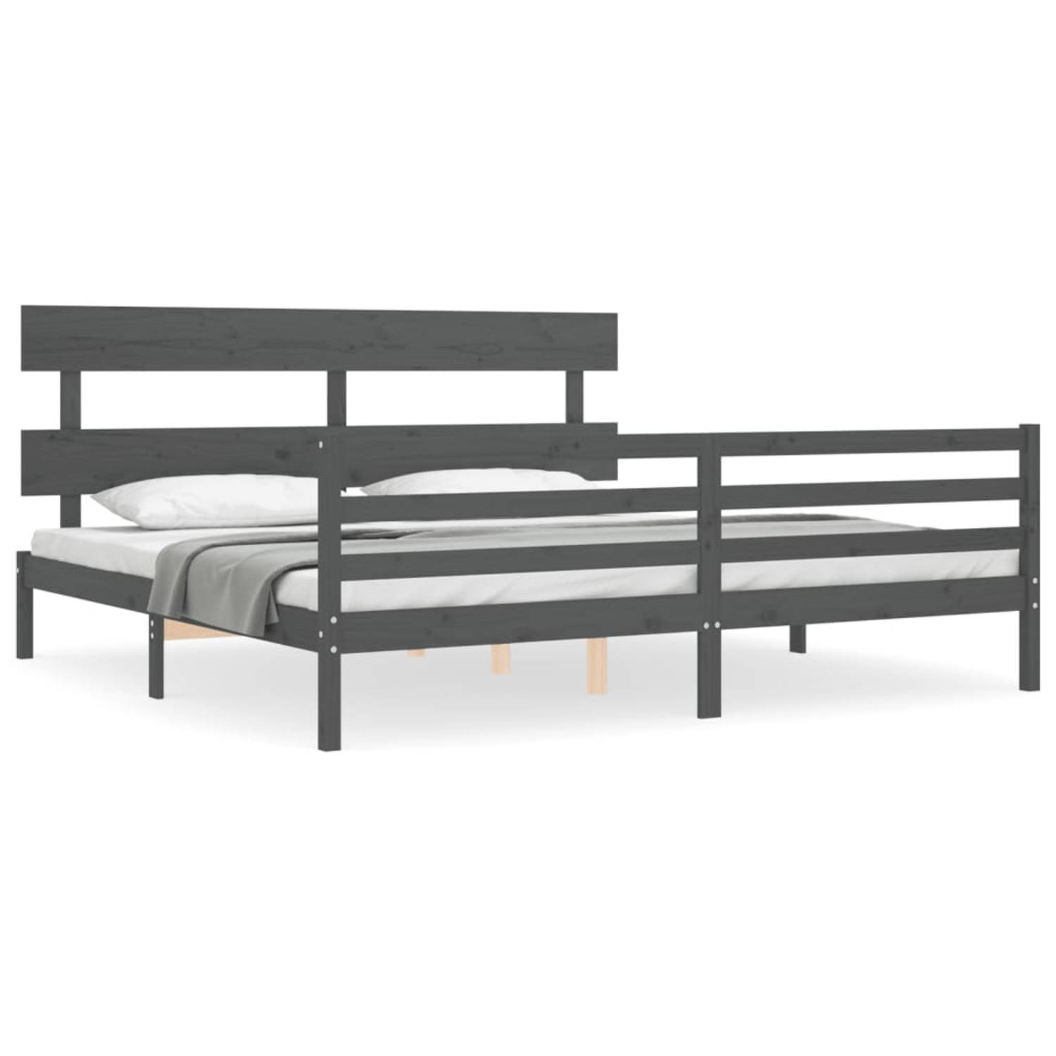 The Living Store Bedframe met hoofdbord massief hout grijs 200x200 cm - Bedframe - Bedframes - Bed - Tweepersoonsbed - Slaapkamermeubel - Houten Bedframe - Houten Bed - Bedbodem -
