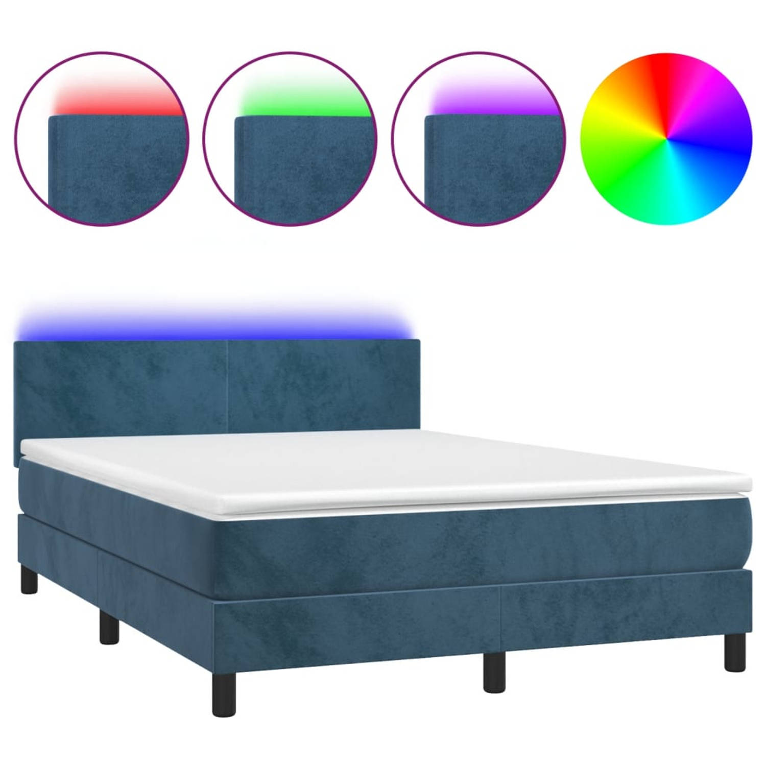 The Living Store Boxspring met matras en LED fluweel donkerblauw 140x200 cm - Bed