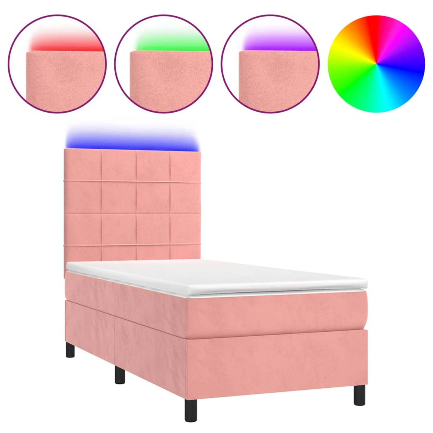 The Living Store Boxspring met matras en LED fluweel roze 90x190 cm - Bed