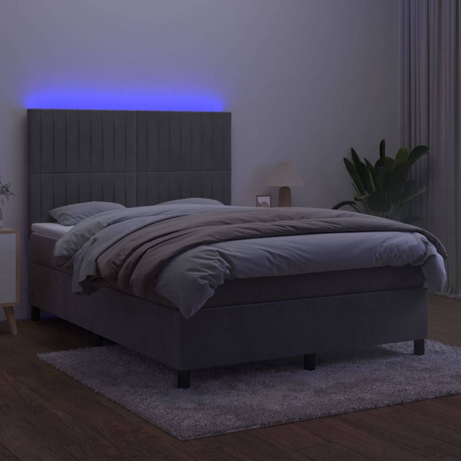 The Living Store Boxspring - Luxe fluwelen bed met LED-verlichting - Pocketvering matras - Huidvriendelijk topmatras - Lichtgrijs - 203x144x118/128cm
