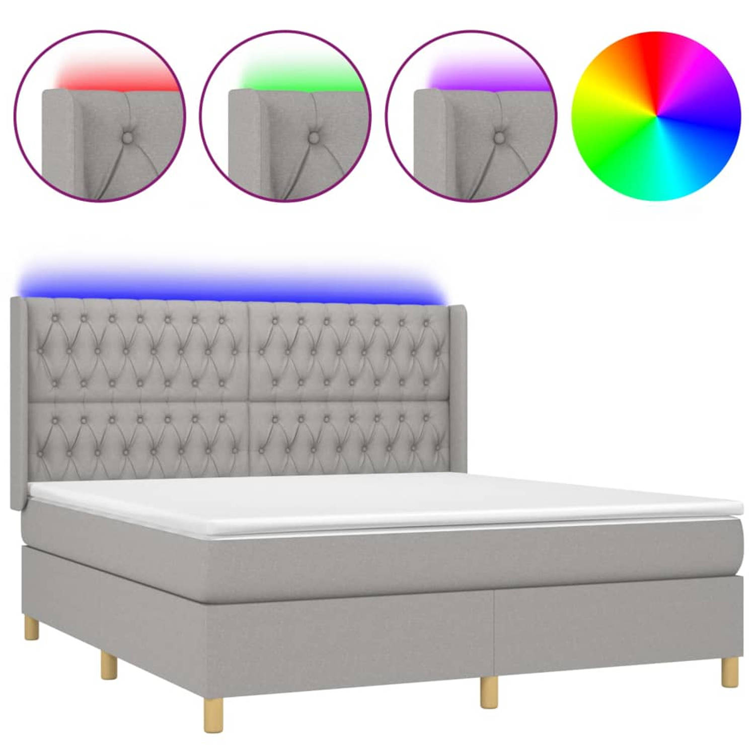 The Living Store Boxspring Matras LED - 203 x 183 x 118/128 cm - Lichtgrijs - Duurzaam - Verstelbaar hoofdbord - Comfortabele ondersteuning - Kleurrijke LED-verlichting - Pocketver