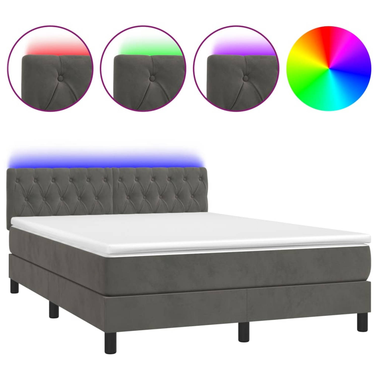 The Living Store Boxspring met matras en LED fluweel donkergrijs 140x190 cm - Bed