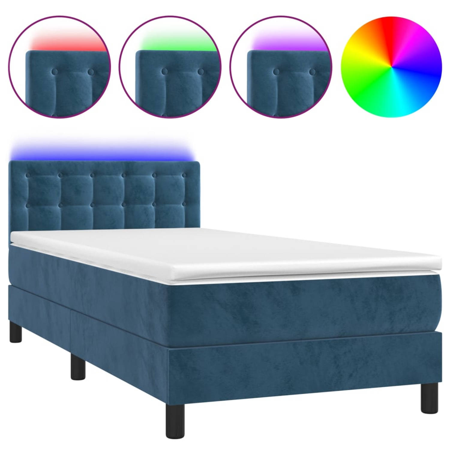 The Living Store Boxspring - Donkerblauw Fluweel - 193x90x78/88 cm - LED-Verlichting