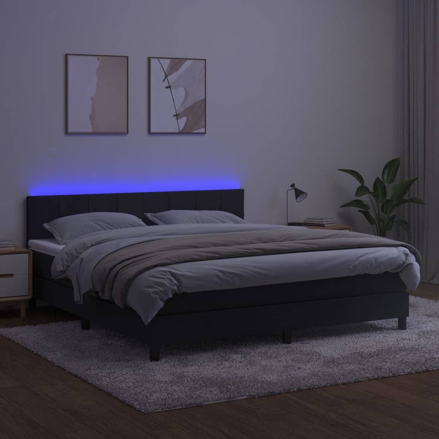 The Living Store Boxspring - Fluweel - LED - Pocketvering - Huidvriendelijk - Zwart - 203x160x78/88 cm