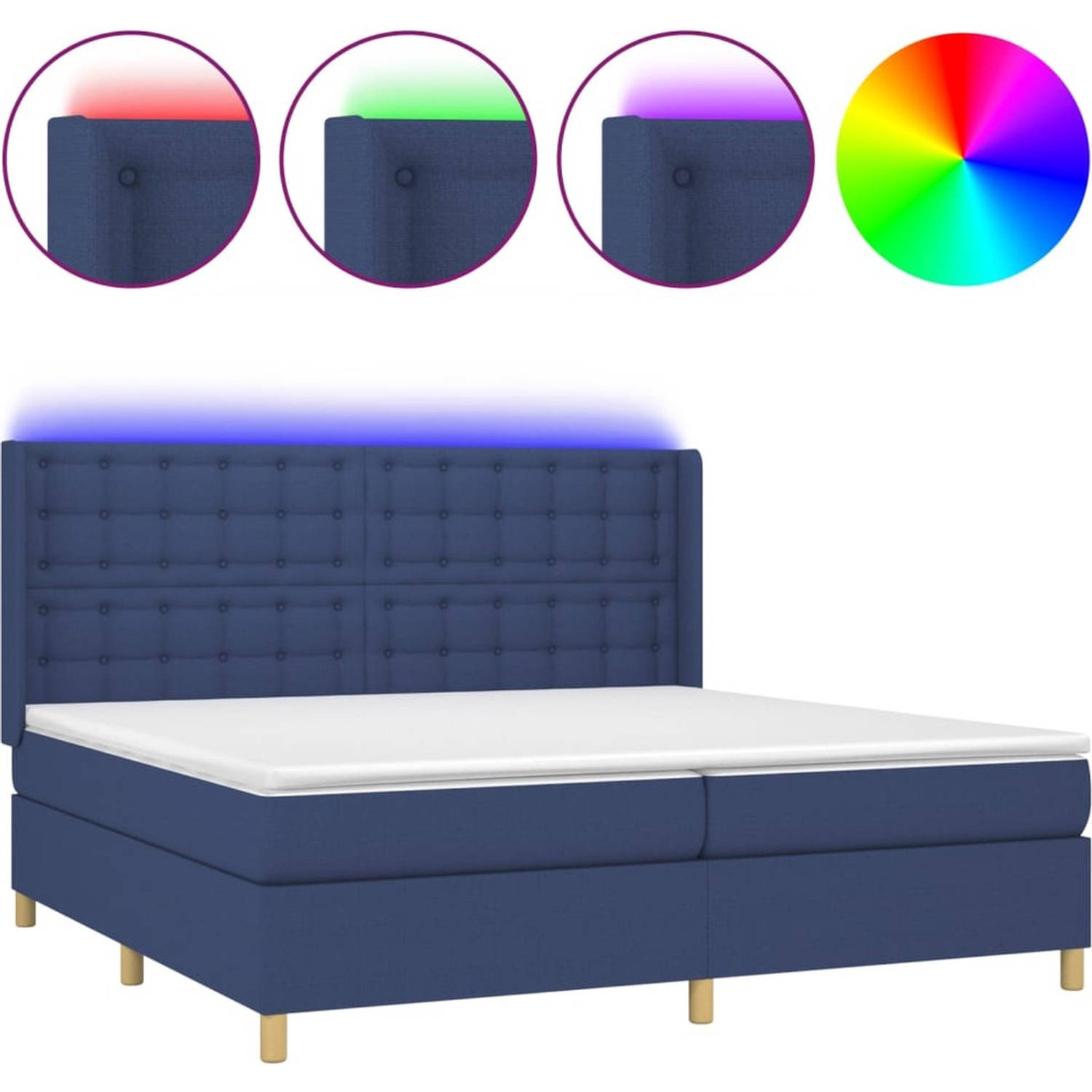 The Living Store Boxspring Blauw - Bed 203 x 203 x 118/128 cm - Met LED-verlichting en Pocketvering Matras