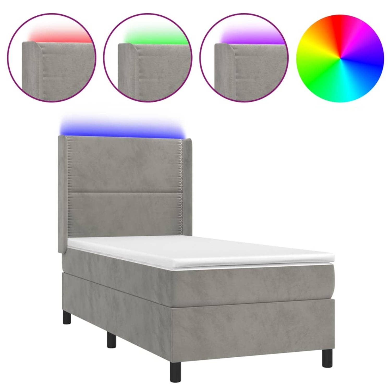 The Living Store Boxspring - Fluweel - LED-verlichting - Pocketvering matras - Huidvriendelijk topmatras