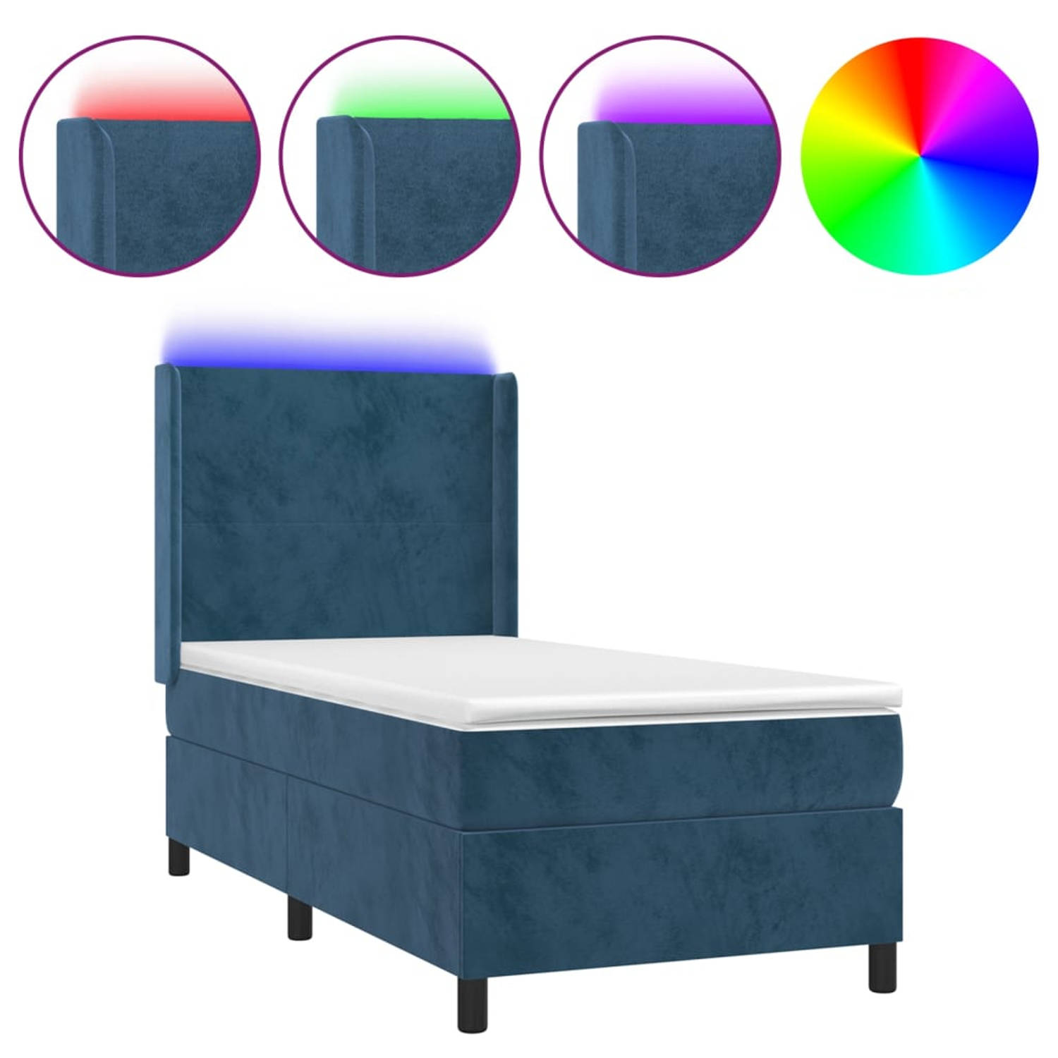 The Living Store Boxspring - Donkerblauw Fluweel - 203x83x118/128 cm - Verstelbaar hoofdbord - Kleurrijke LED-verlichting - Pocketvering matras - Huidvriendelijk topmatras - Incl -