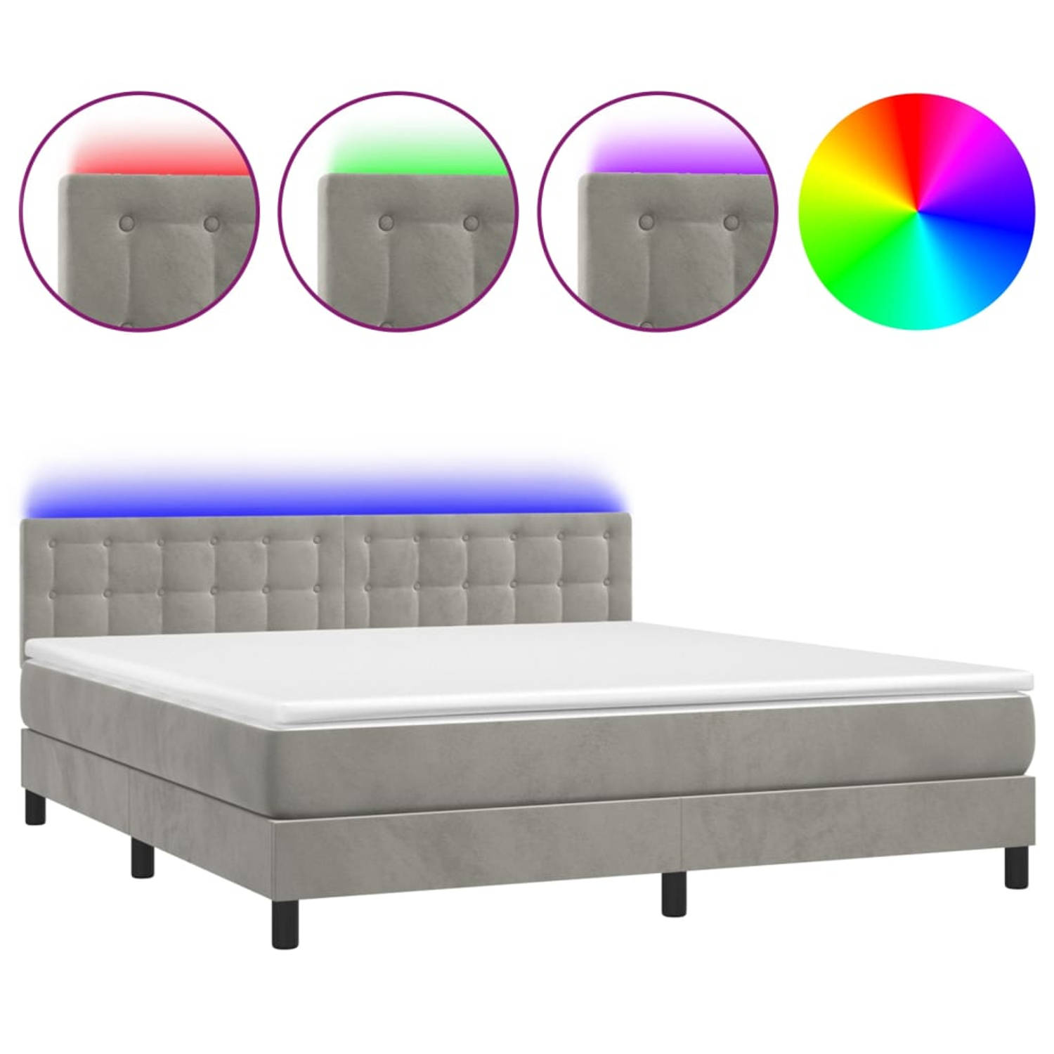 The Living Store Boxspring met matras en LED fluweel lichtgrijs 180x200 cm - Bed