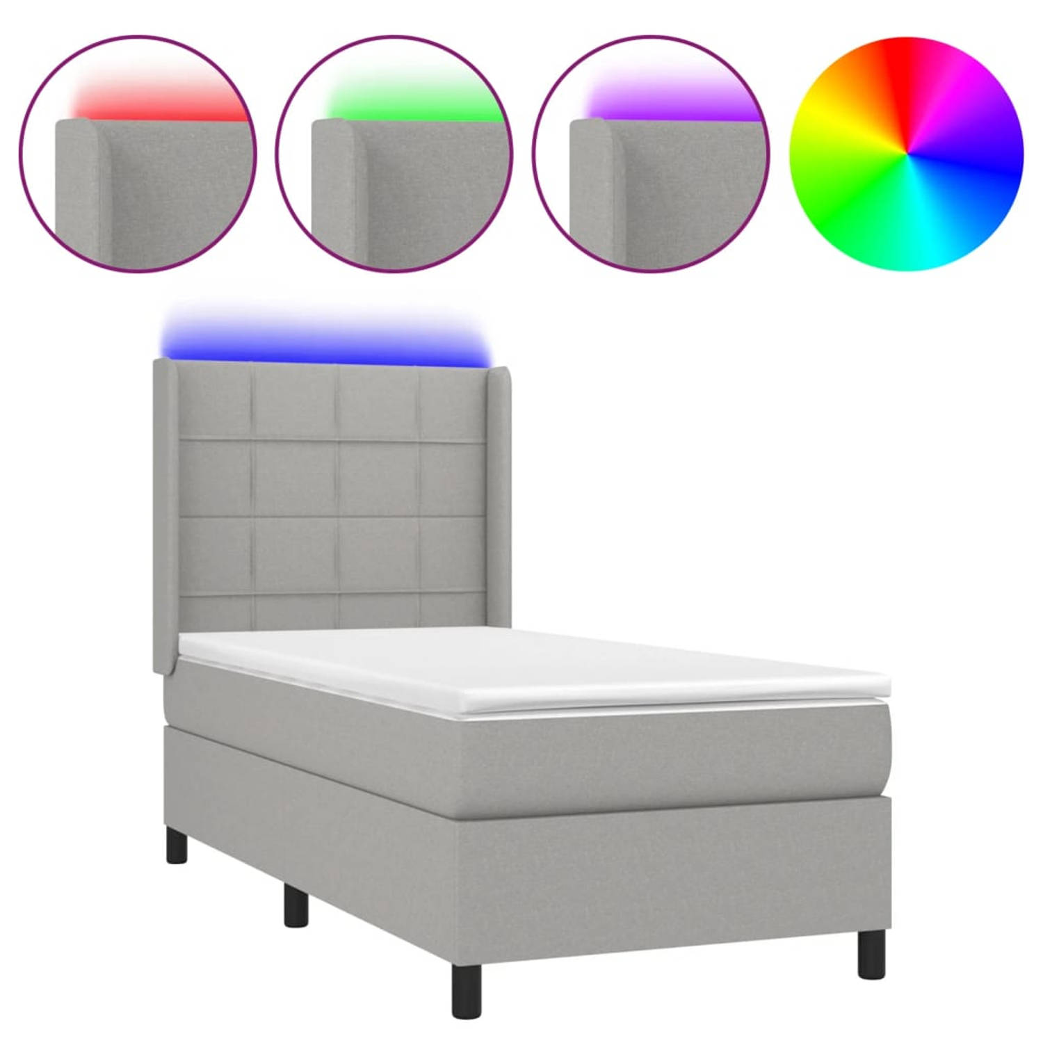The Living Store Boxspring Bed - Pocketvering Matras - LED - 100x200 cm - Lichtgrijs