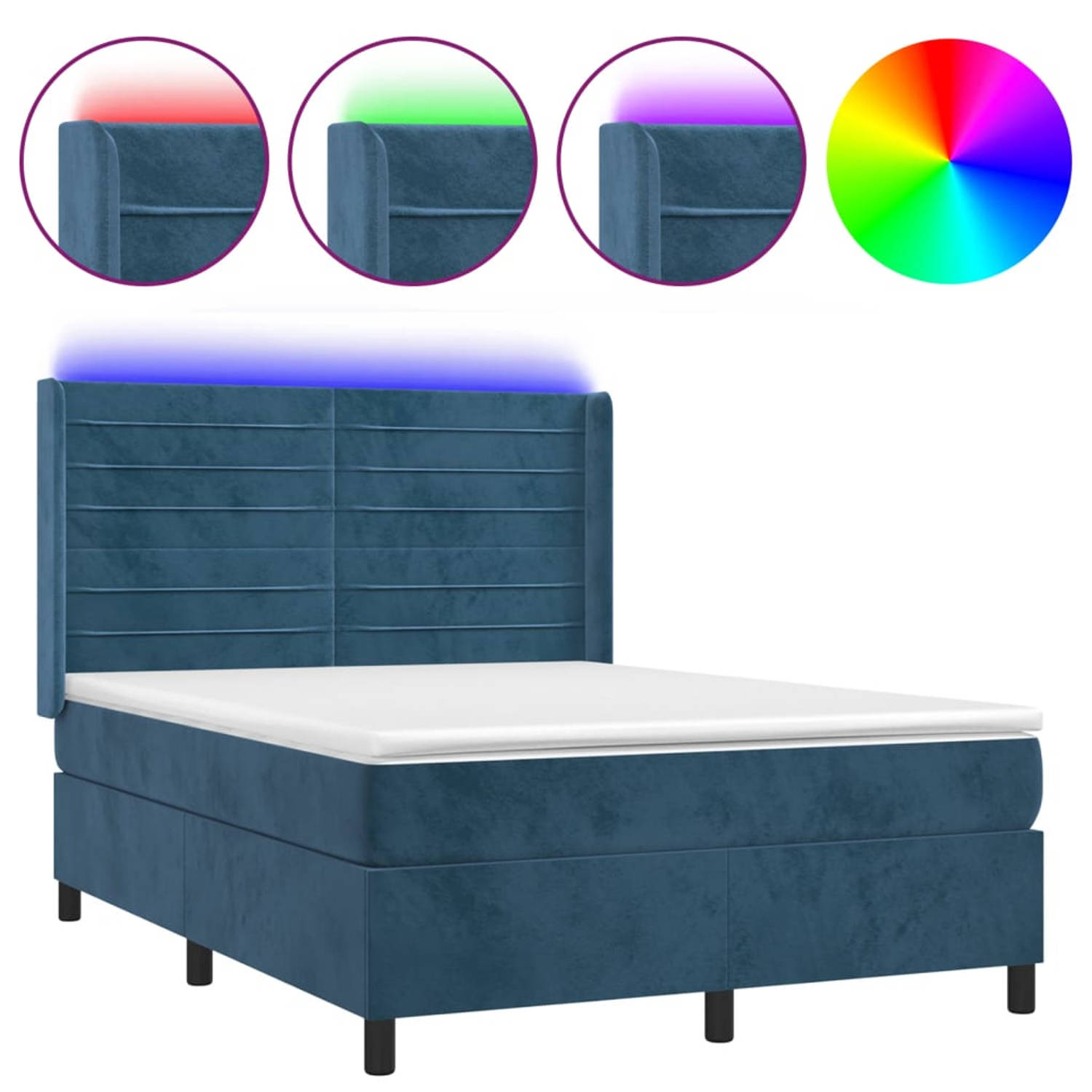 The Living Store Boxspring Bed - Donkerblauw Fluweel - 193x147x118/128cm - Met LED