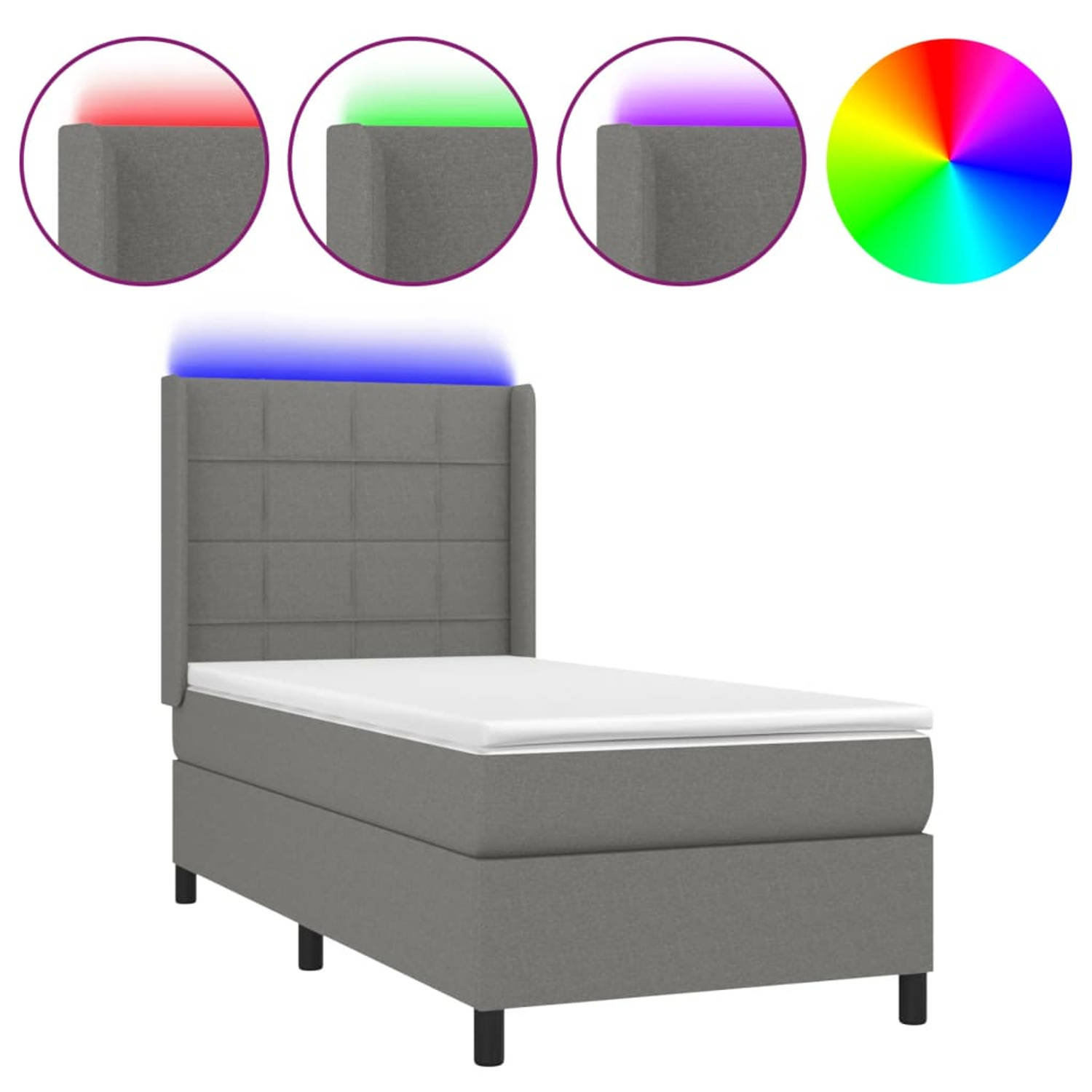 The Living Store Boxspring met matras en LED stof donkergrijs 100x200 cm - Bed