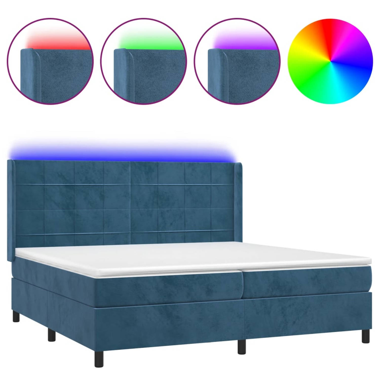 The Living Store Boxspring Donkerblauw Fluweel 203 x 203 x 118/128 cm - Met LED en Pocketvering