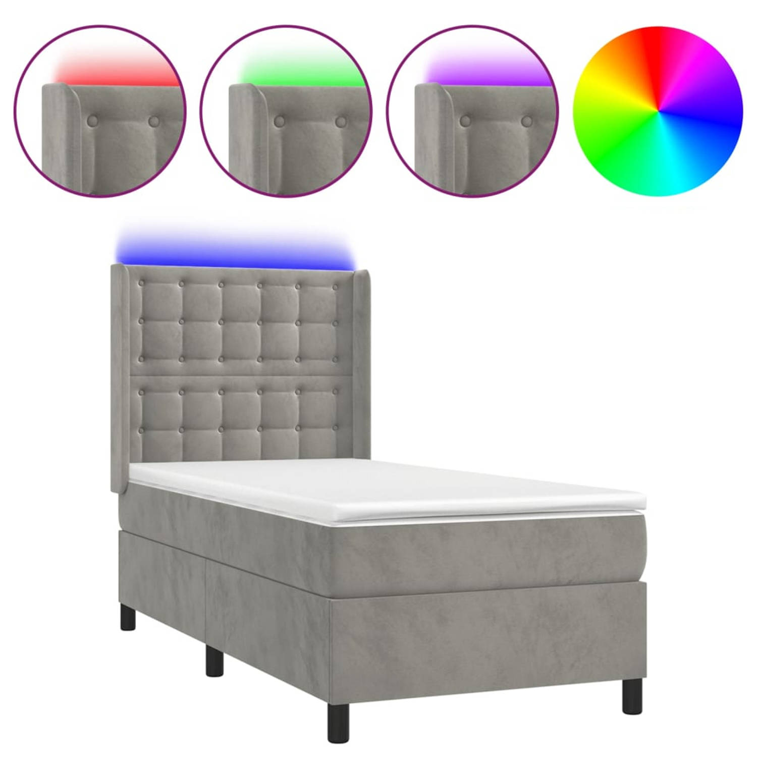 The Living Store Boxspring met matras en LED fluweel lichtgrijs 90x200 cm - Bed