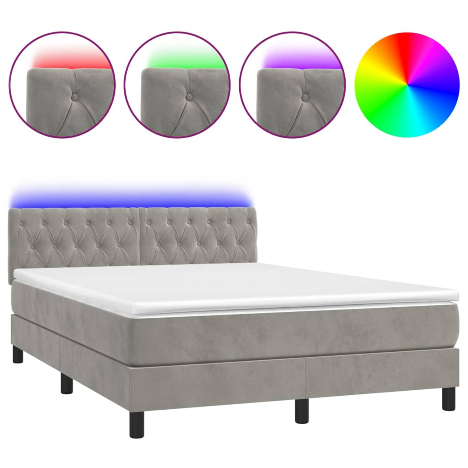 The Living Store Boxspring met matras en LED fluweel lichtgrijs 140x200 cm - Bed