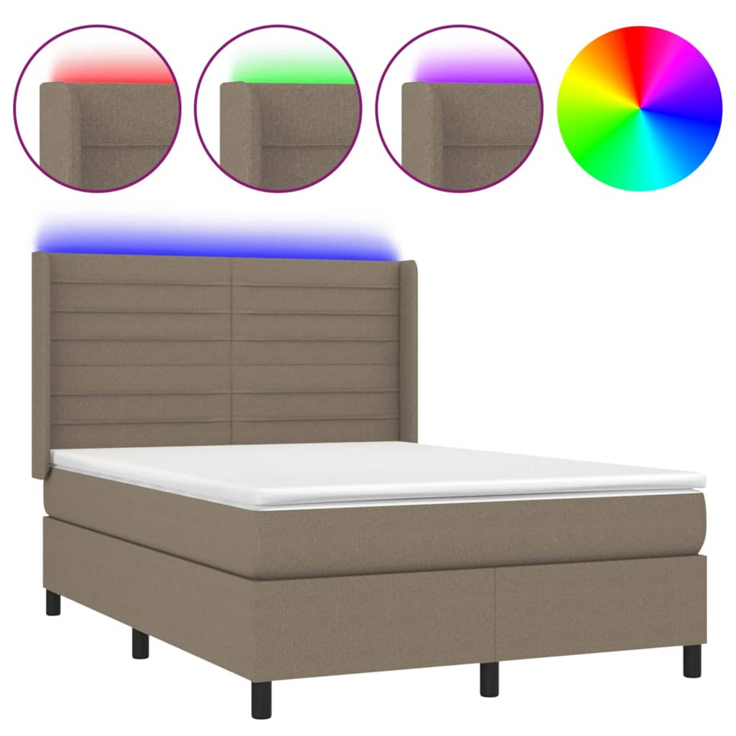 The Living Store Boxspring Bed - LED - Pocketvering Matras - Huidvriendelijk Topmatras - Taupe - 193x147x118/128 cm