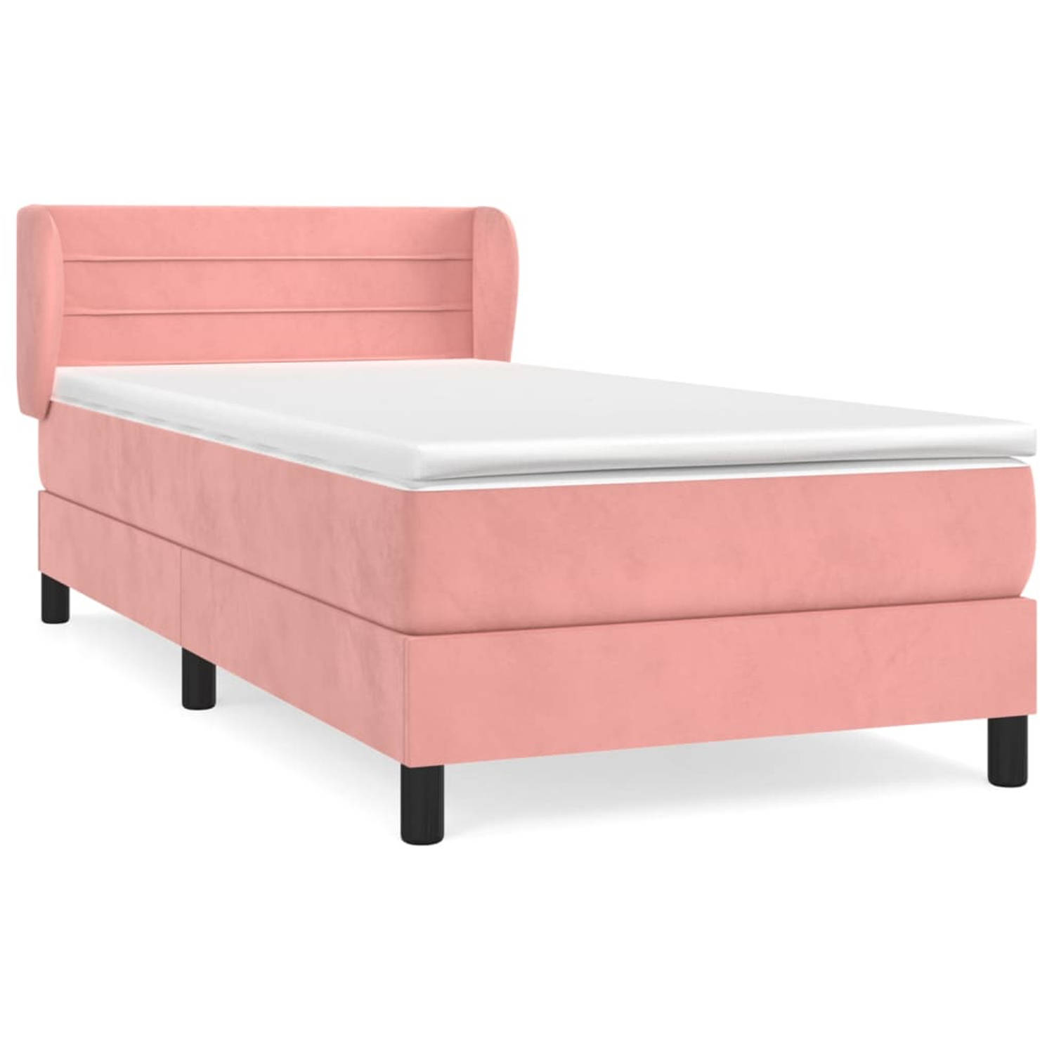 The Living Store Boxspringbed - Fluweel - Pocketvering - Middelharde ondersteuning - Huidvriendelijk - Roze - 193x93x78/88 cm - wit/roze matras - wit topmatras