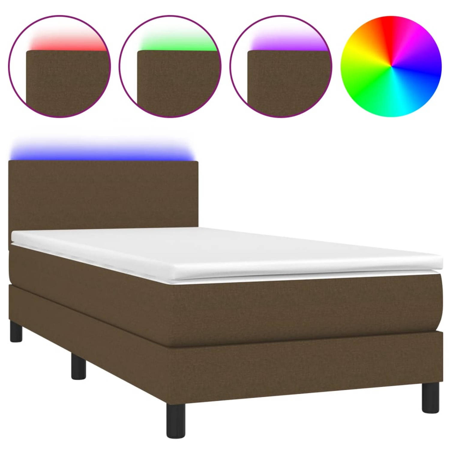 The Living Store Boxspring Matras LED - Donkerbruin - 193 x 90 x 78/88 cm - Verstelbaar hoofdbord - Kleurrijke LED-verlichting - Pocketvering matras - Huidvriendelijk topmatras - M