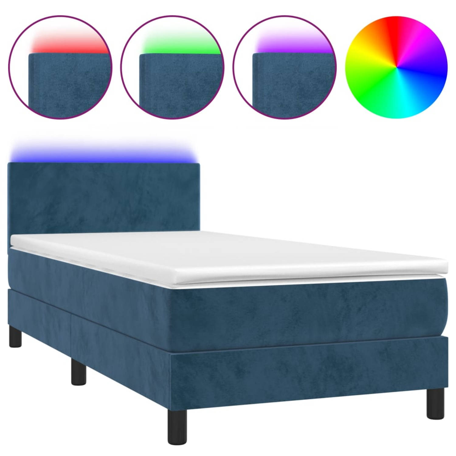 The Living Store Boxspring met matras en LED fluweel donkerblauw 90x190 cm - Bed