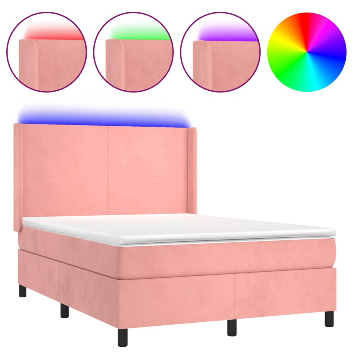The Living Store Boxspring met matras en LED fluweel roze 140x200 cm - Bed