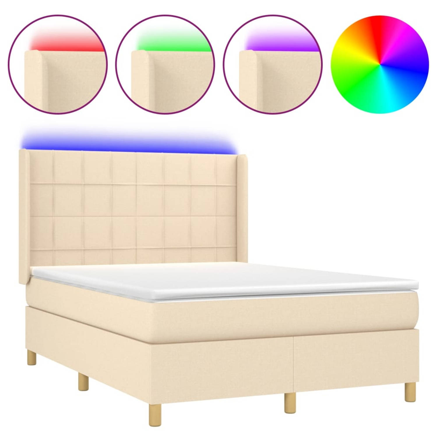 The Living Store Boxspring met matras en LED stof crèmekleurig 140x200 cm - Bed
