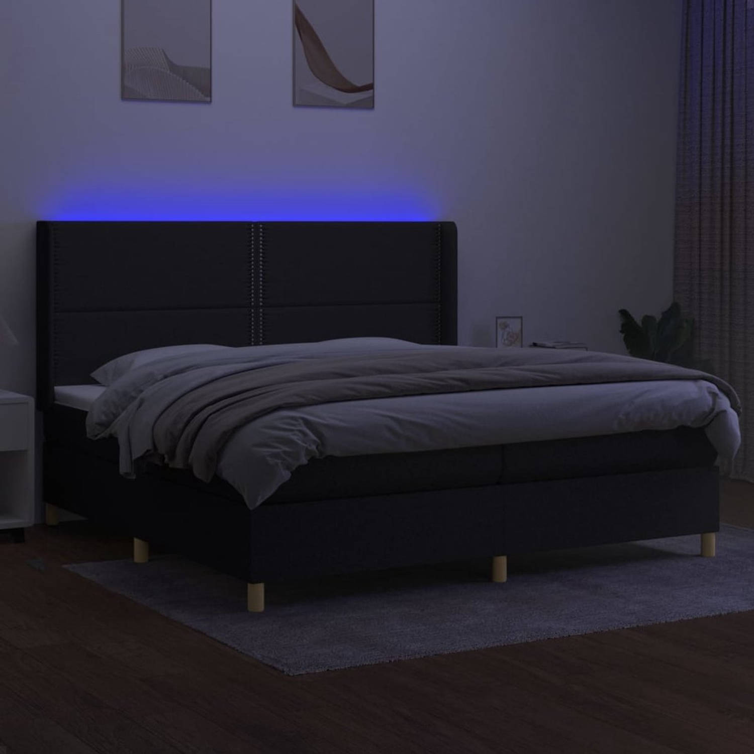 The Living Store Boxspring Bed - LED - Pocketvering Matras - Huidvriendelijk Topmatras - 203x203 cm - Zwart