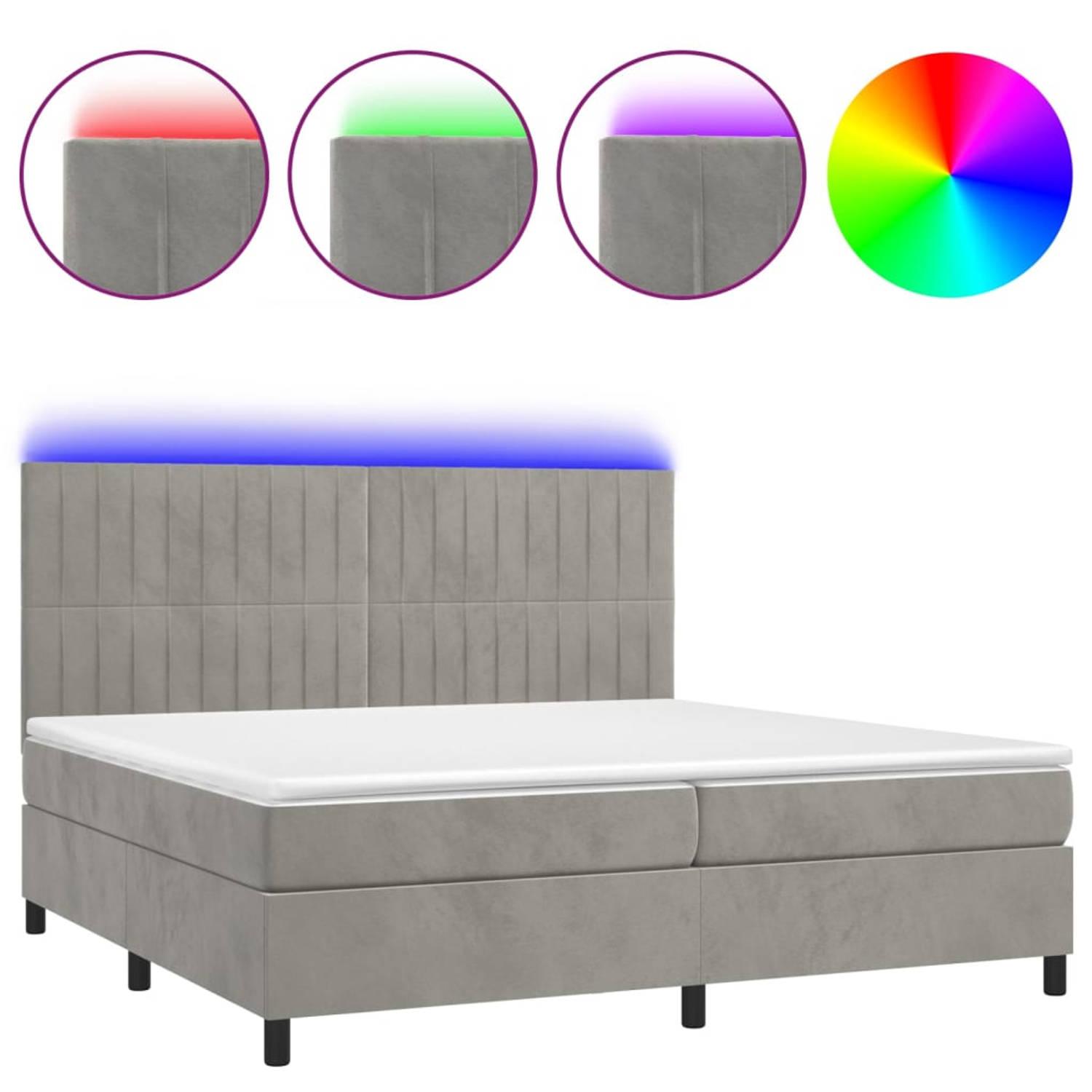 The Living Store Boxspring met matras en LED fluweel lichtgrijs 200x200 cm - Bed