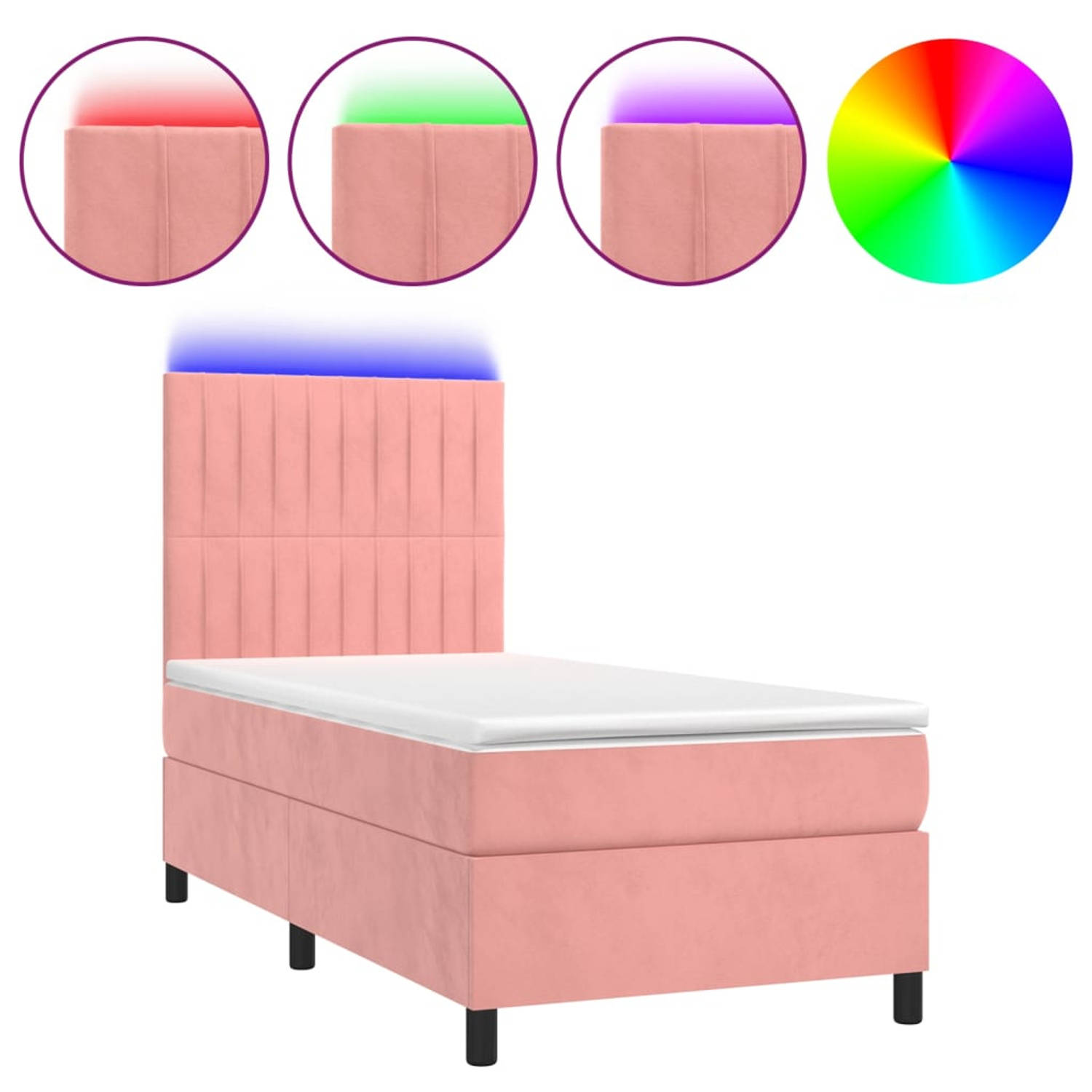 The Living Store Boxspring - Roze fluwelen bed met LED-verlichting - 203 x 90 x 118/128 cm - Pocketvering matras - Huidvriendelijk topmatras - The Living Store