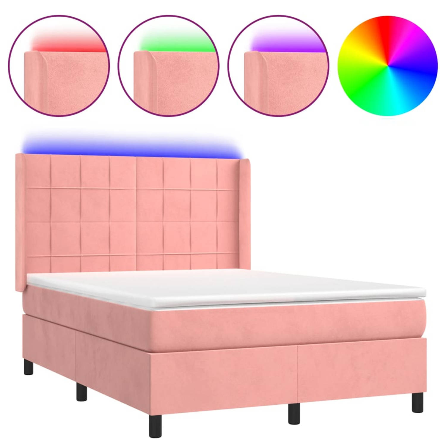 The Living Store Boxspring Roze Fluweel 140x200 - Hoofdbord Verstelbaar - LED-verlichting