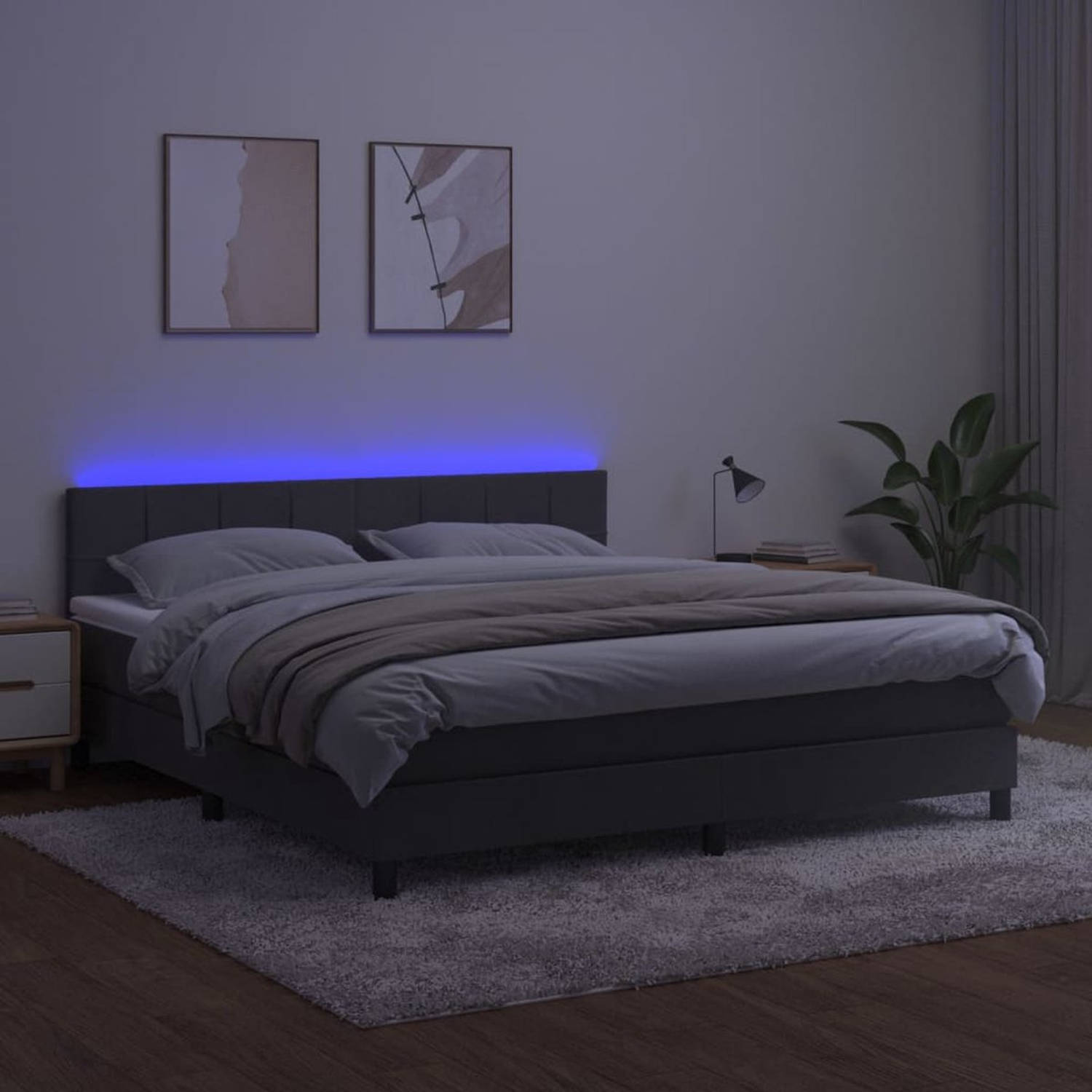 The Living Store Boxspring bed - donkergrijs - 160 x 200 cm - LED-verlichting - pocketvering