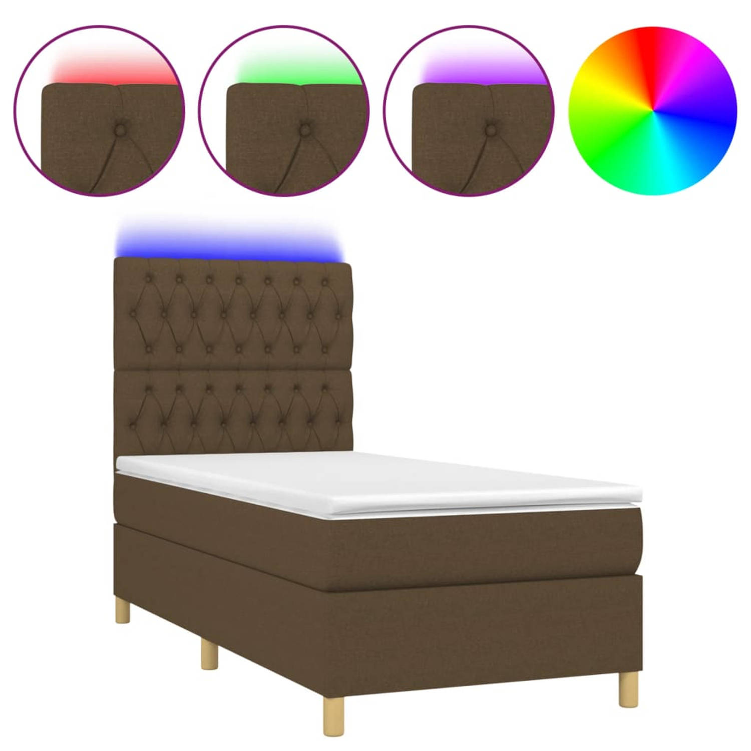 The Living Store Boxspring Bed - Donkerbruin - 203x100x118/128cm - Verstelbaar hoofdbord - Kleurrijke LED-verlichting