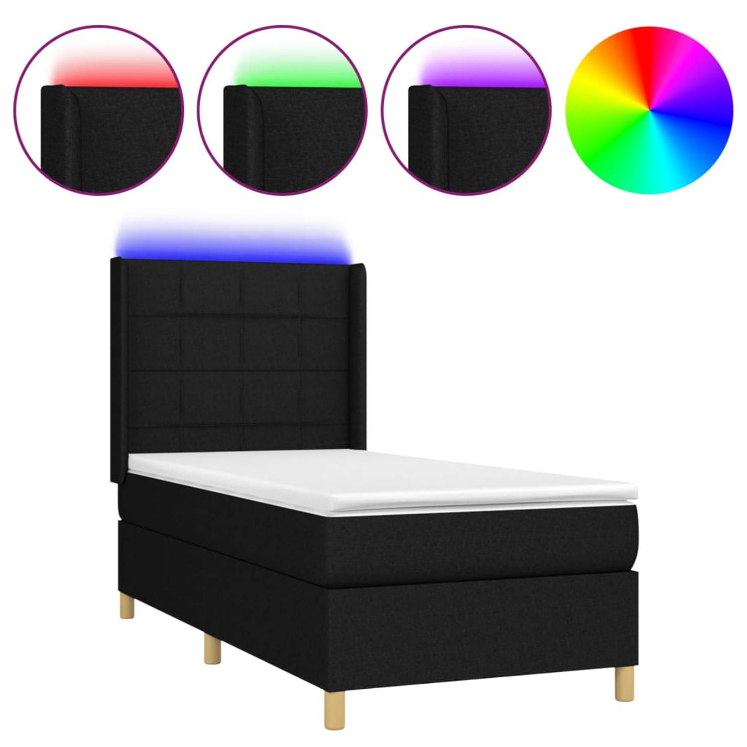 The Living Store Boxspring Bed - LED - Pocketvering Matras - Huidvriendelijk Topmatras - Zwart - 193x93x118/128 cm