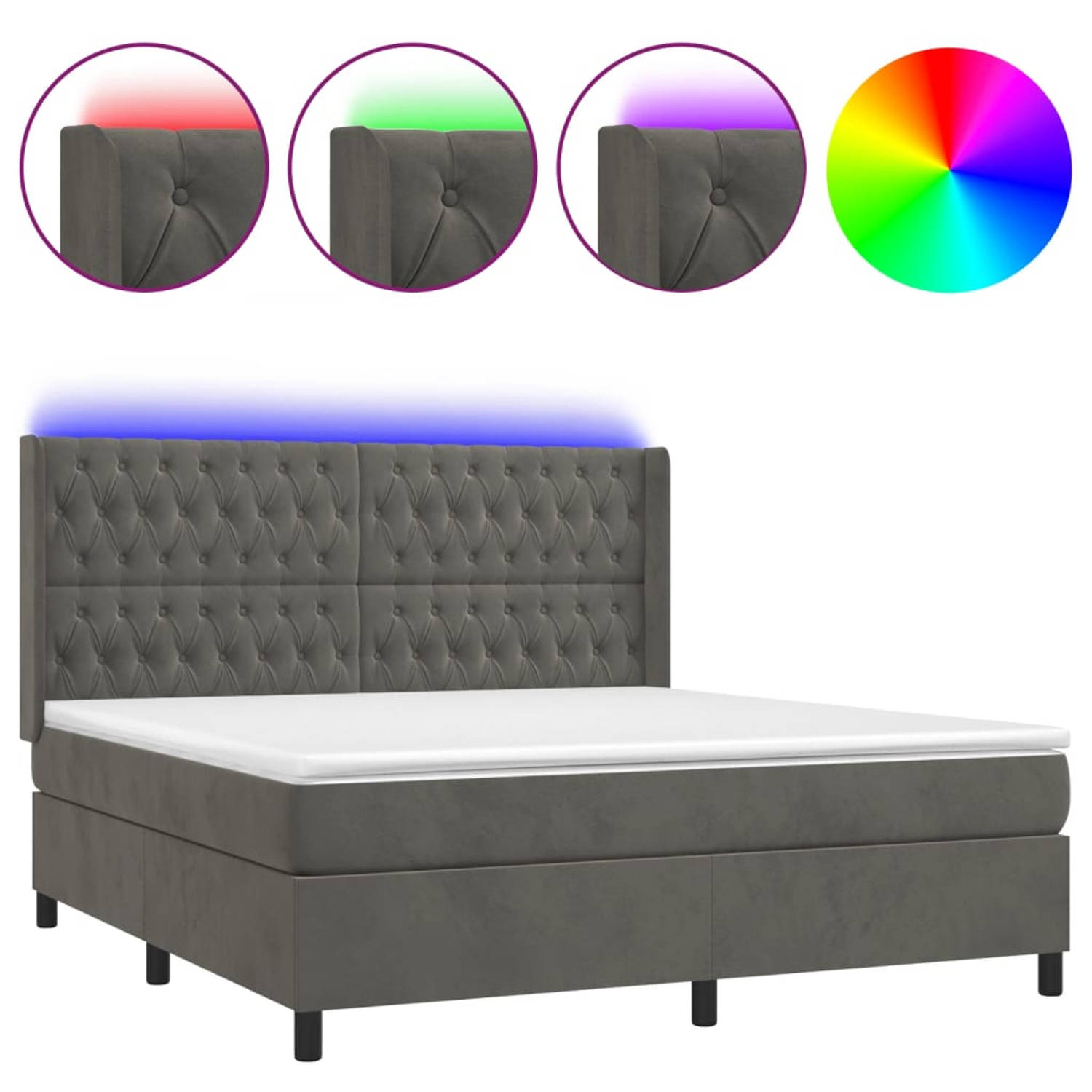 The Living Store Boxspring met matras en LED fluweel donkergrijs 180x200 cm - Bed
