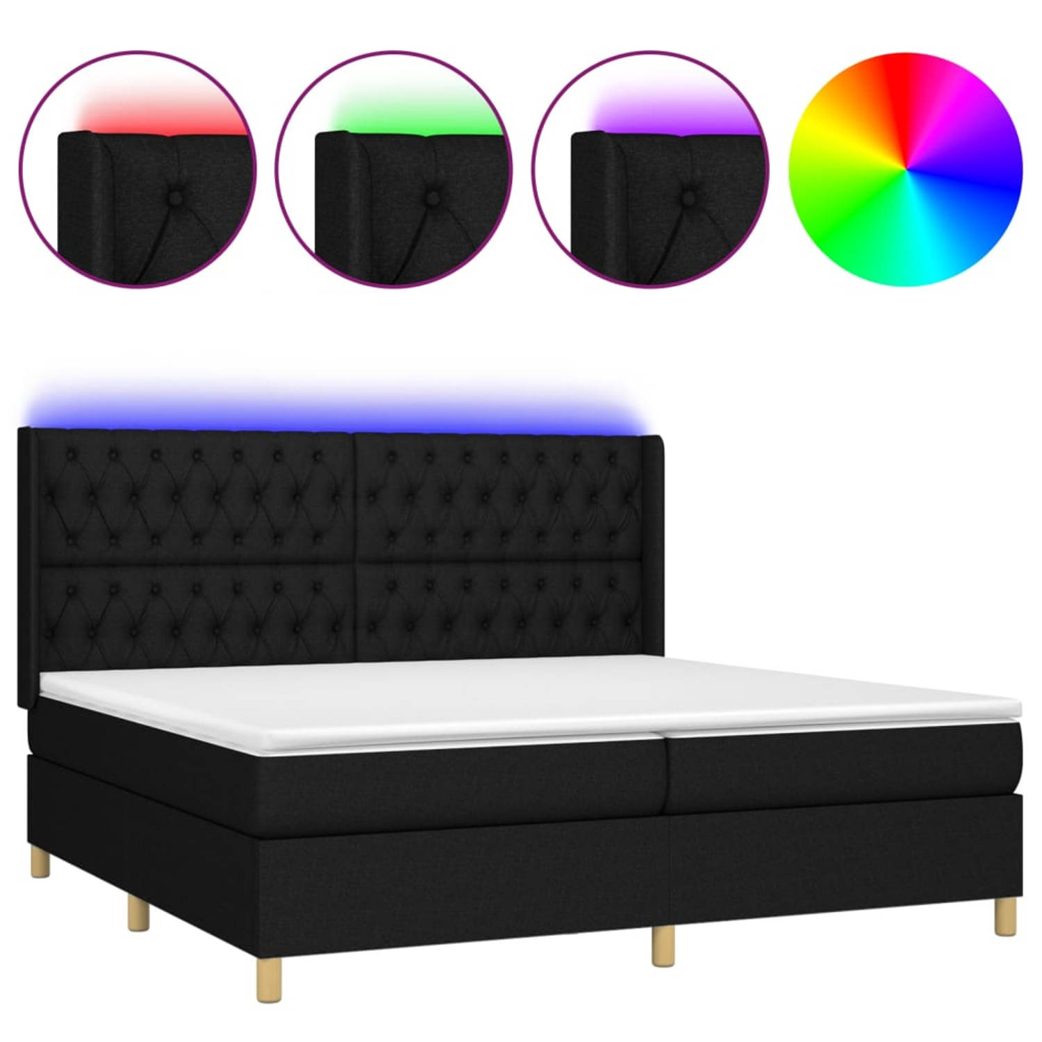 The Living Store Boxspring Bed - LED - Pocketvering - Huidvriendelijk - 203x203x128 cm - Zwart