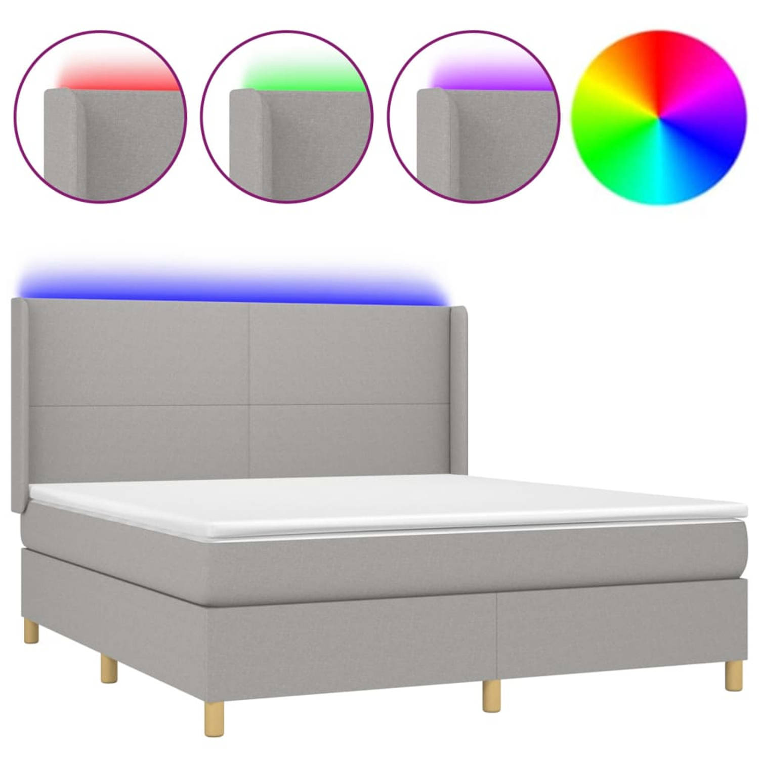 The Living Store Boxspring Lichtgrijs Bed 203x163x118/128 cm - Pocketvering Matras - LED-verlichting