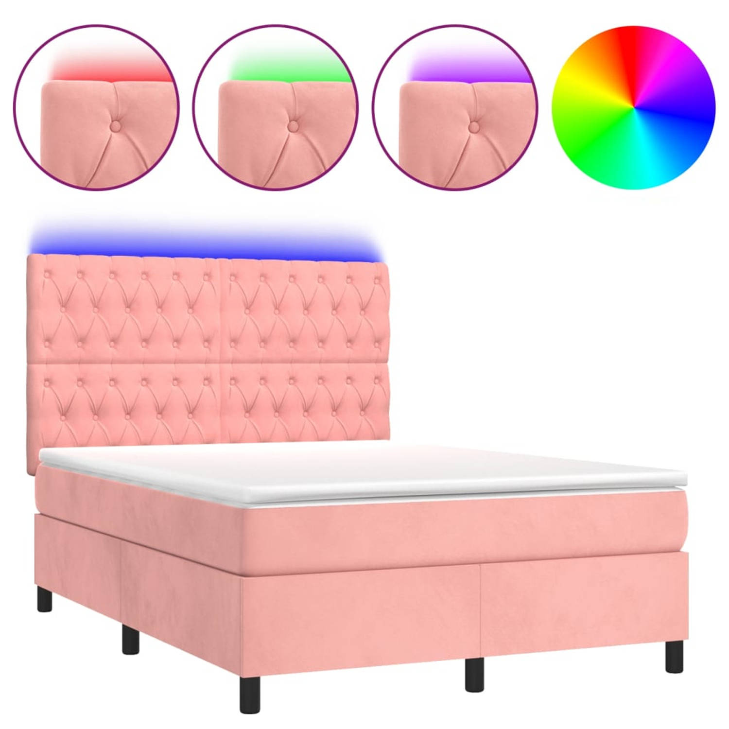 The Living Store Boxspring Luxe - Roze fluweel - LED verlichting - 140x200cm - Pocketvering matras