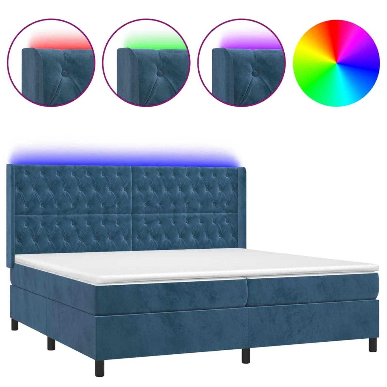 The Living Store Boxspring met matras en LED fluweel donkerblauw 200x200 cm - Bed