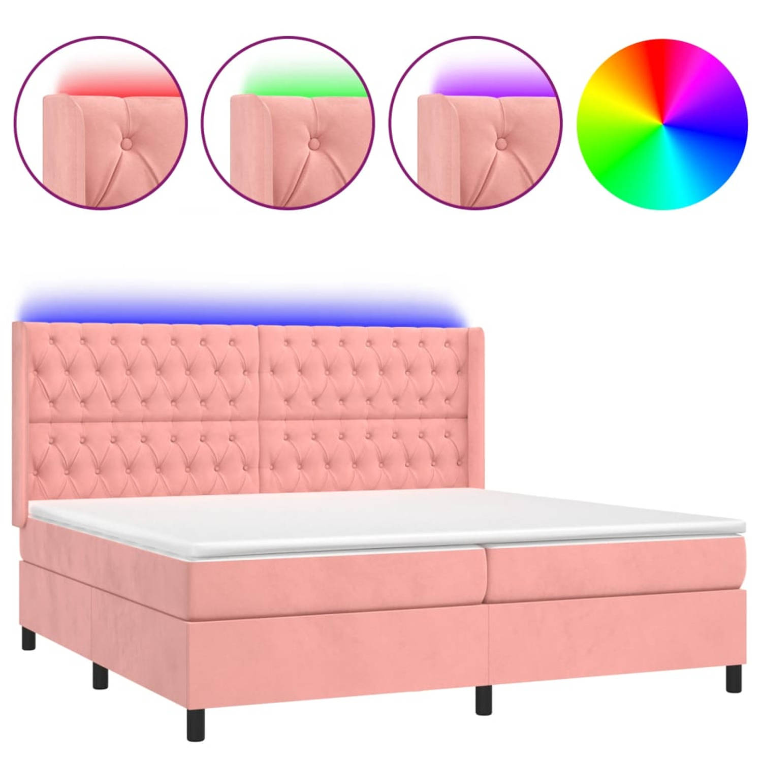 The Living Store Boxspring Roze fluwelen bed met matras en LED-verlichting 203x203x118-128cm