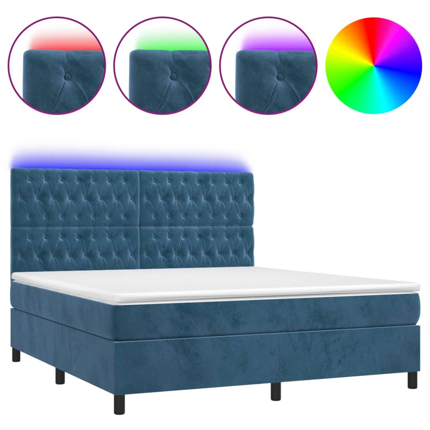 The Living Store Boxspring Donkerblauw Fluweel 203x160x118/128cm - Verstelbaar hoofdbord - Kleurrijke LED-verlichting