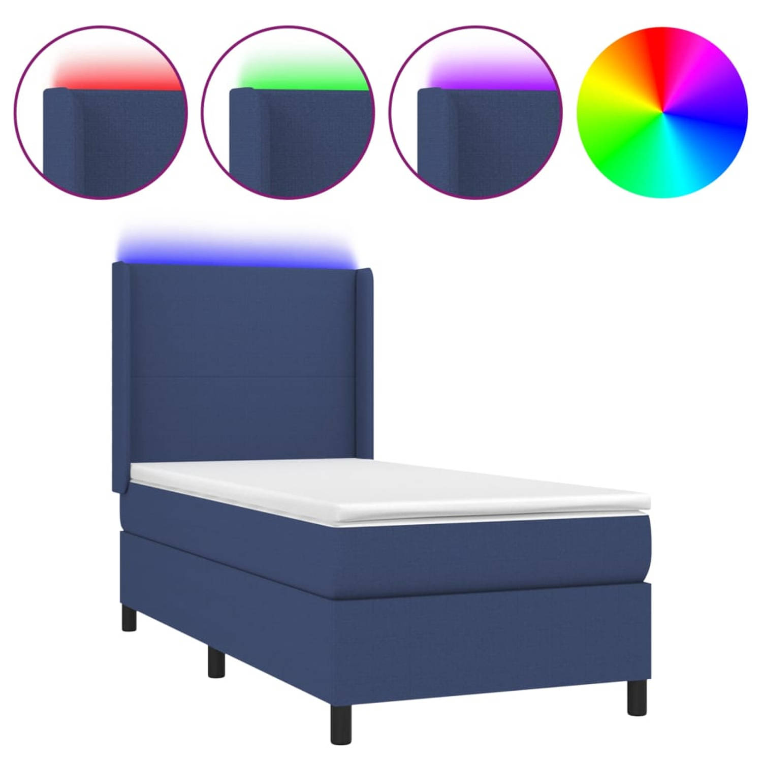 The Living Store Bed Boxspring - 203x93x118/128 cm - Blauw - Pocketvering Matras - Huidvriendelijk Topmatras - LED-verlichting