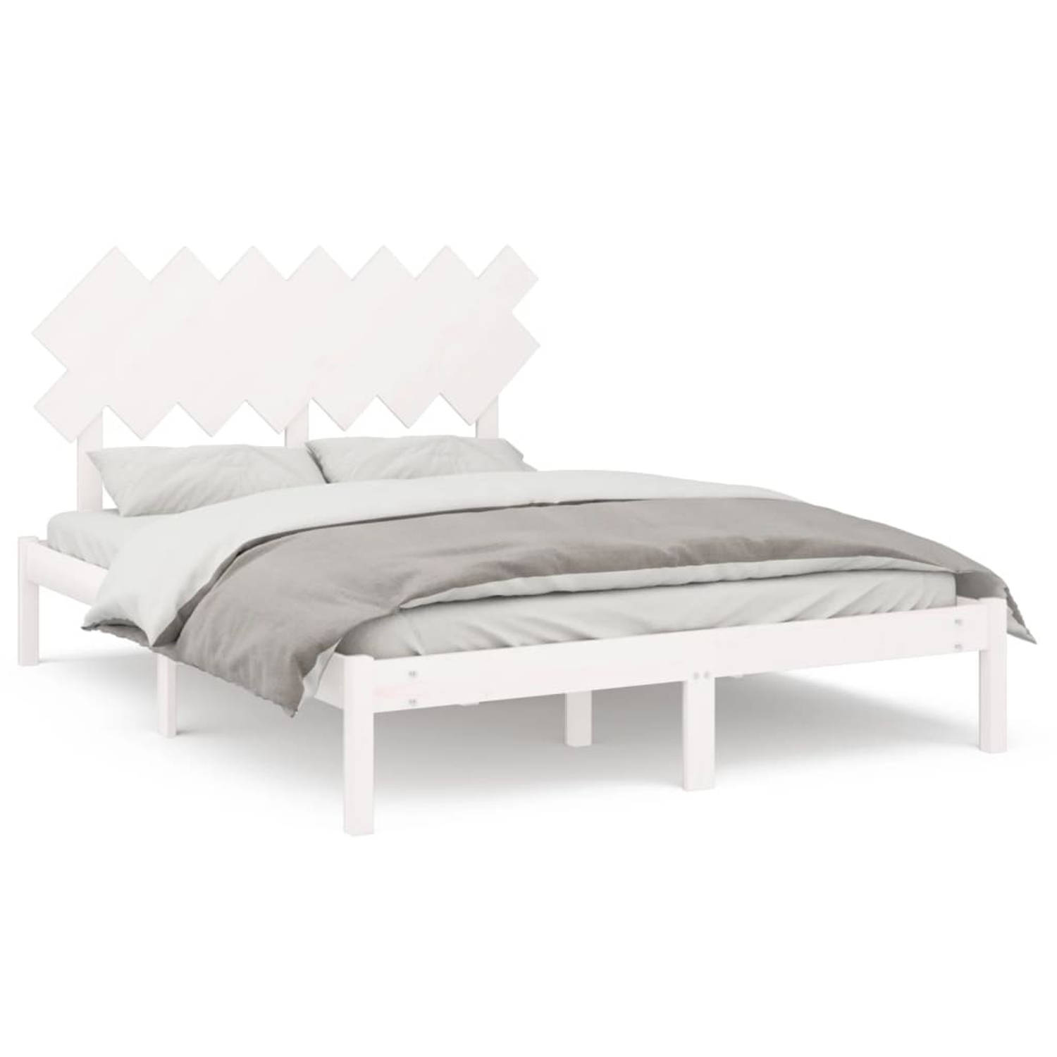 The Living Store Bedframe Massief Grenenhout - Modern - Bedframe - Afmeting- 205.5 x 155.5 cm - Kleur- Wit