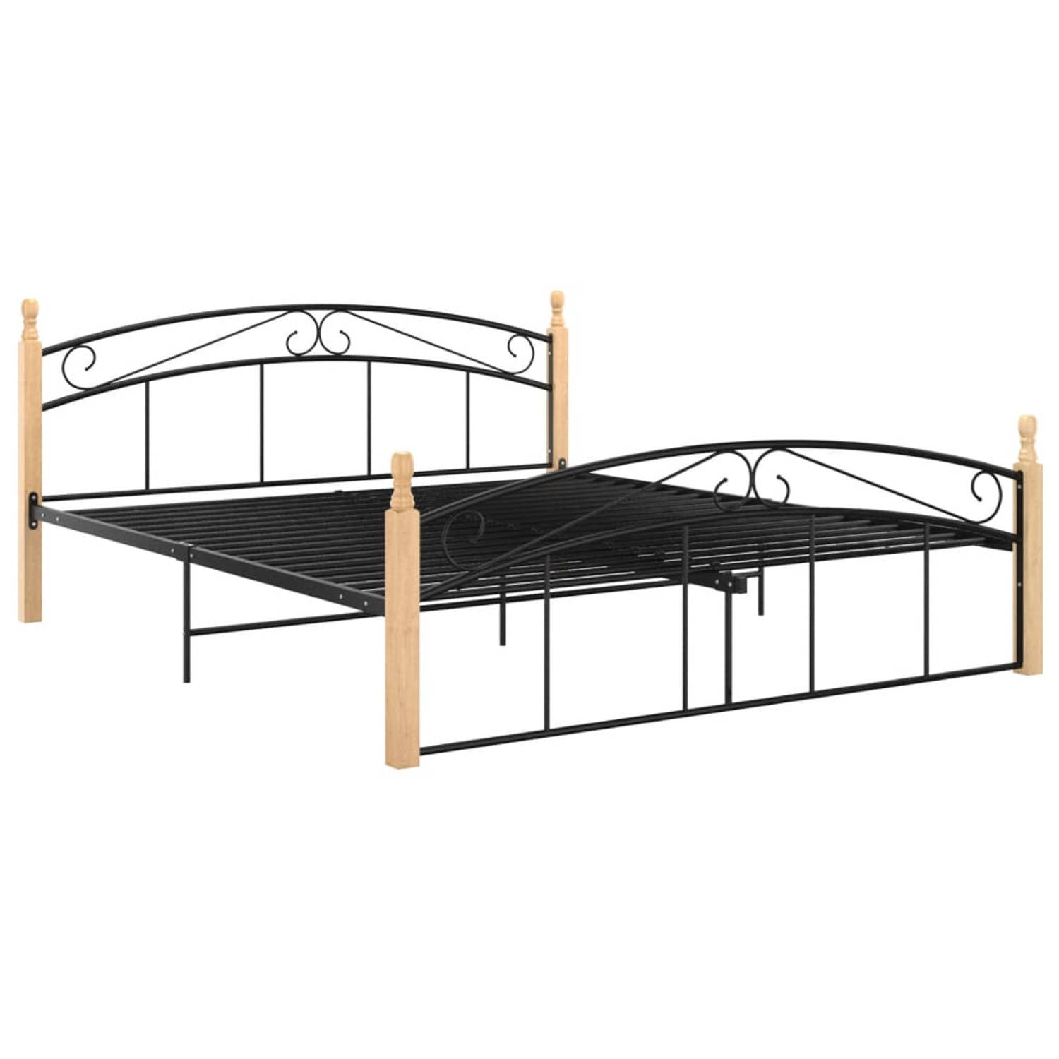 The Living Store Bedframe metaal en massief eikenhout zwart 160x200 cm - Bedframe - Bedframes - Bed - Bedden - Frame - Frames - Tweepersoonsbed - Tweepersoonsbedden - Bedombouw - B