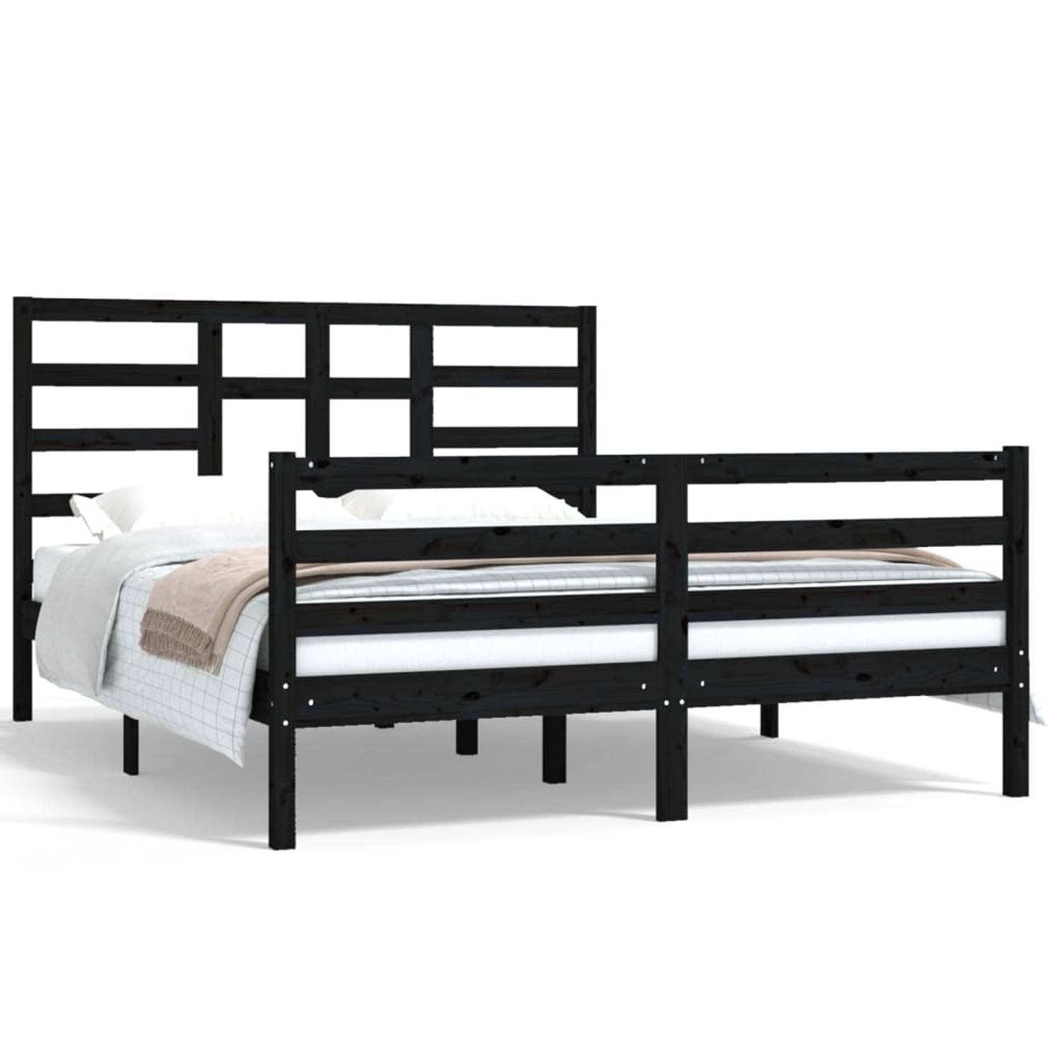 The Living Store Bedframe massief hout zwart 150x200 cm 5FT King Size - Bedframe - Bedframes - Bed - Bedbodem - Ledikant - Bed Frame - Massief Houten Bedframe - Slaapmeubel - Tweep