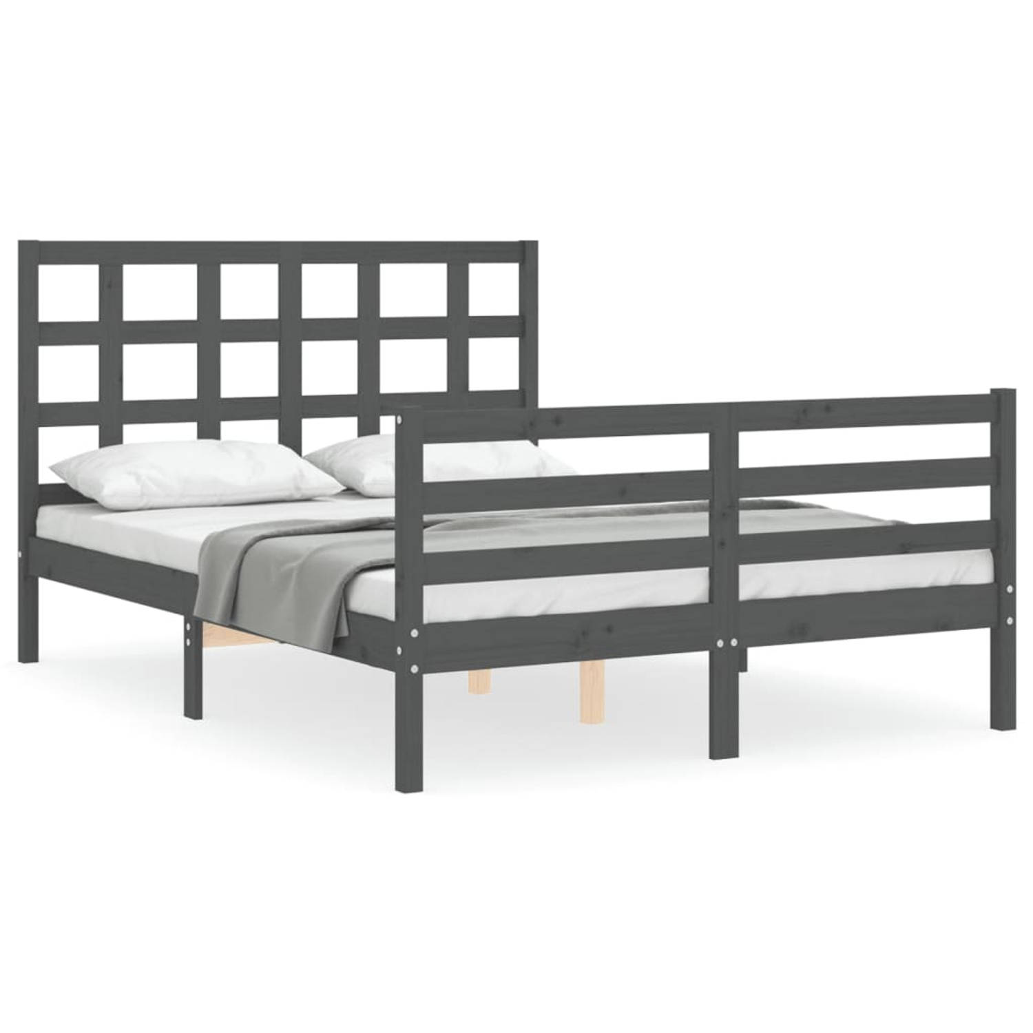 The Living Store Bedframe met hoofdbord massief hout grijs 120x200 cm - Bedframe - Bedframes - Bed - Tweepersoonsbed - Slaapkamermeubel - Houten Bedframe - Houten Bed - Bedbodem -