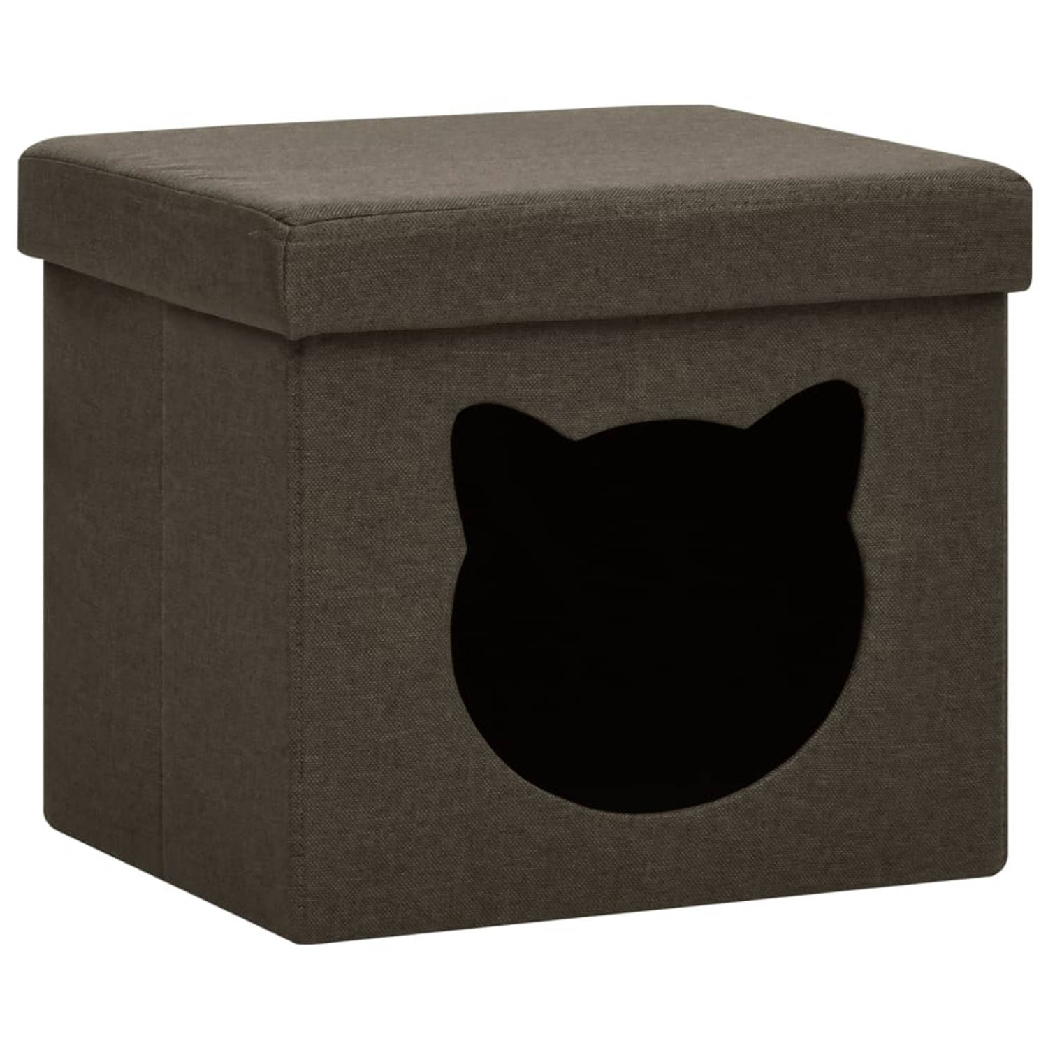 The Living Store Opbergkruk met kattenpatroon inklapbaar stof donkerbruin - Krukje
